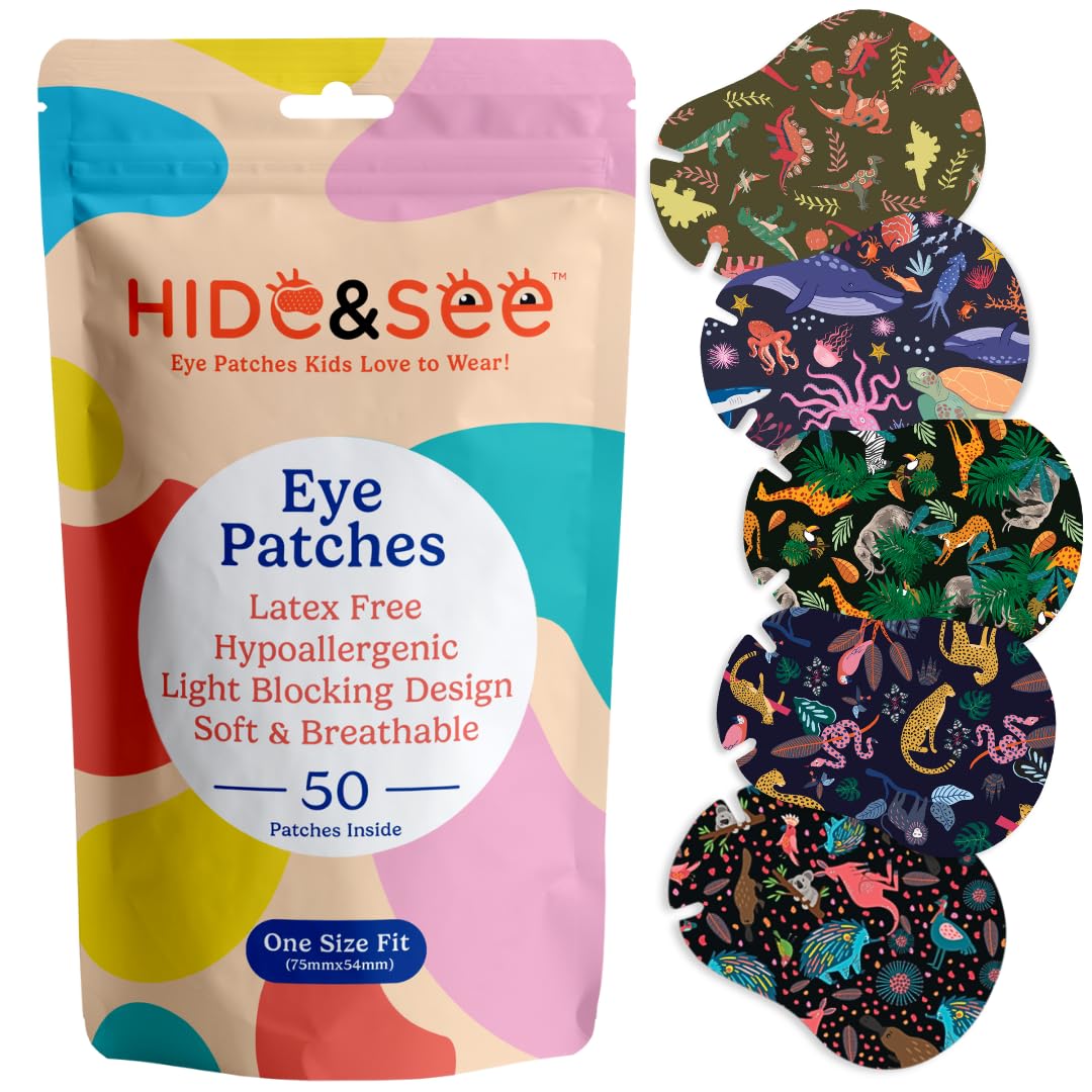 HIDE&SEE Speckles Kids Eye Patches (Wild Pack) - 50 Pack Hypoallergenic Amblyopia Treatment Patches for Boys & Girls - Fun & Comfortable Eye Patch with Reward Chart - Perfect for Lazy Eye Therapy, Vision Correction, and Kids' Eye Exercises at Home or School