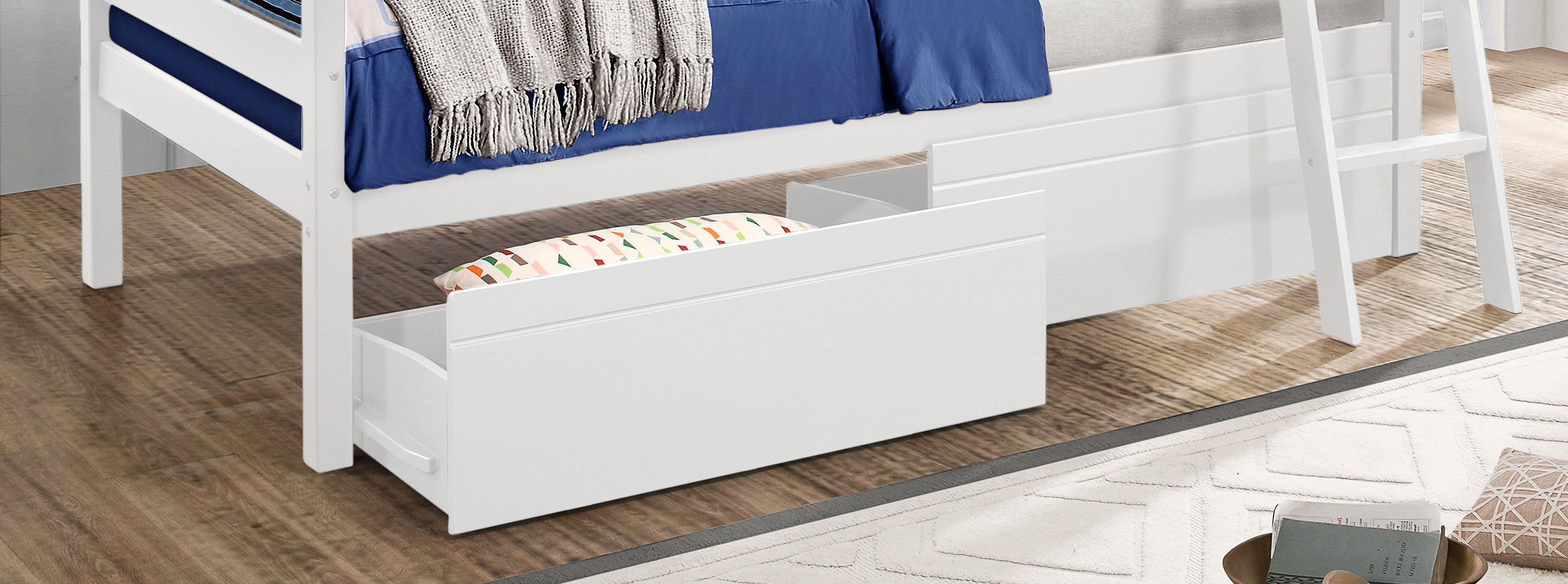 Charlie White Bunk Bed with Storage Drawers - Space-Saving Twin/Full Loft Bed for Kids & Teens - Perfect for Small Bedrooms, Dorms & Guest Rooms