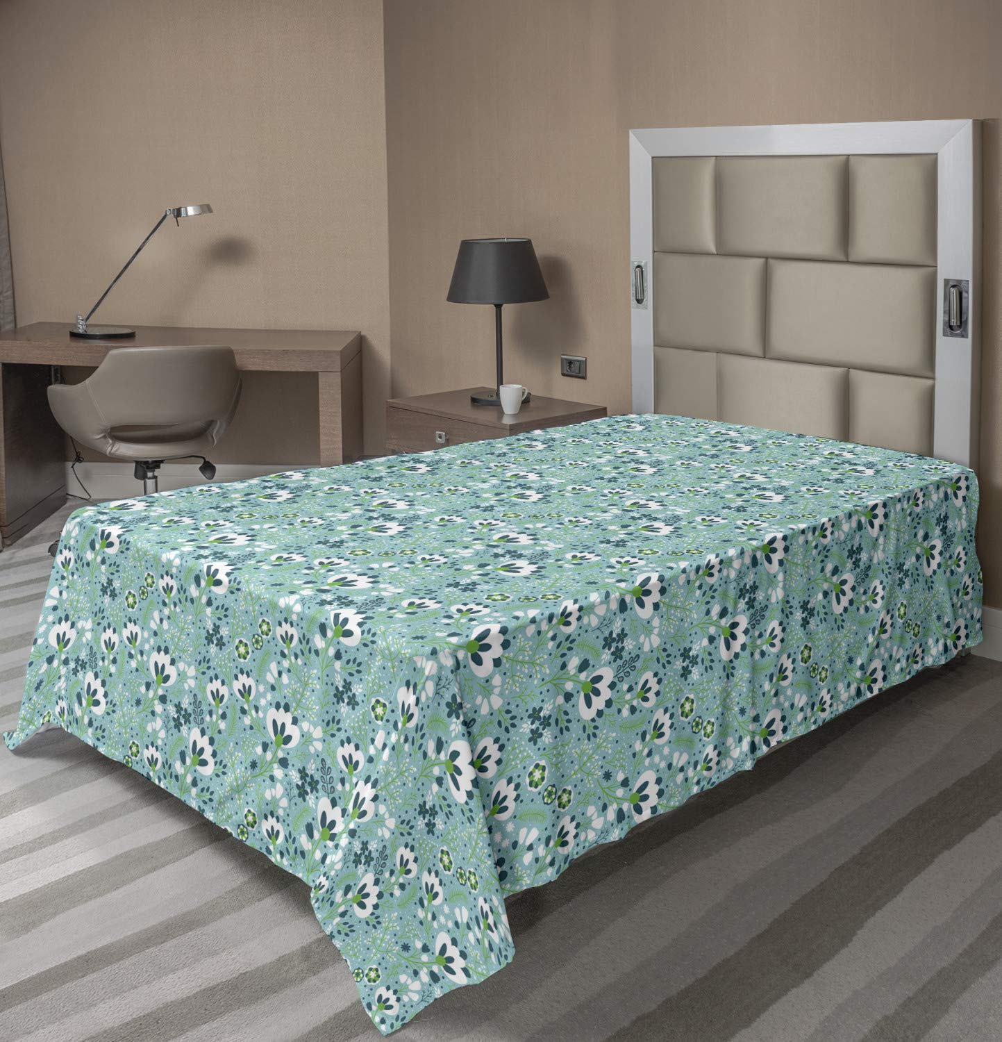 Ambesonne Floral Flat Sheet - Tulip Inspired Flower Motifs with Berries & Leaves | Soft Comfortable Twin XL Top Sheet | Decorative Bedding in Seafoam Petrol Blue | Perfect for Guest Rooms, Master Bedrooms & Bohemian Home Decor