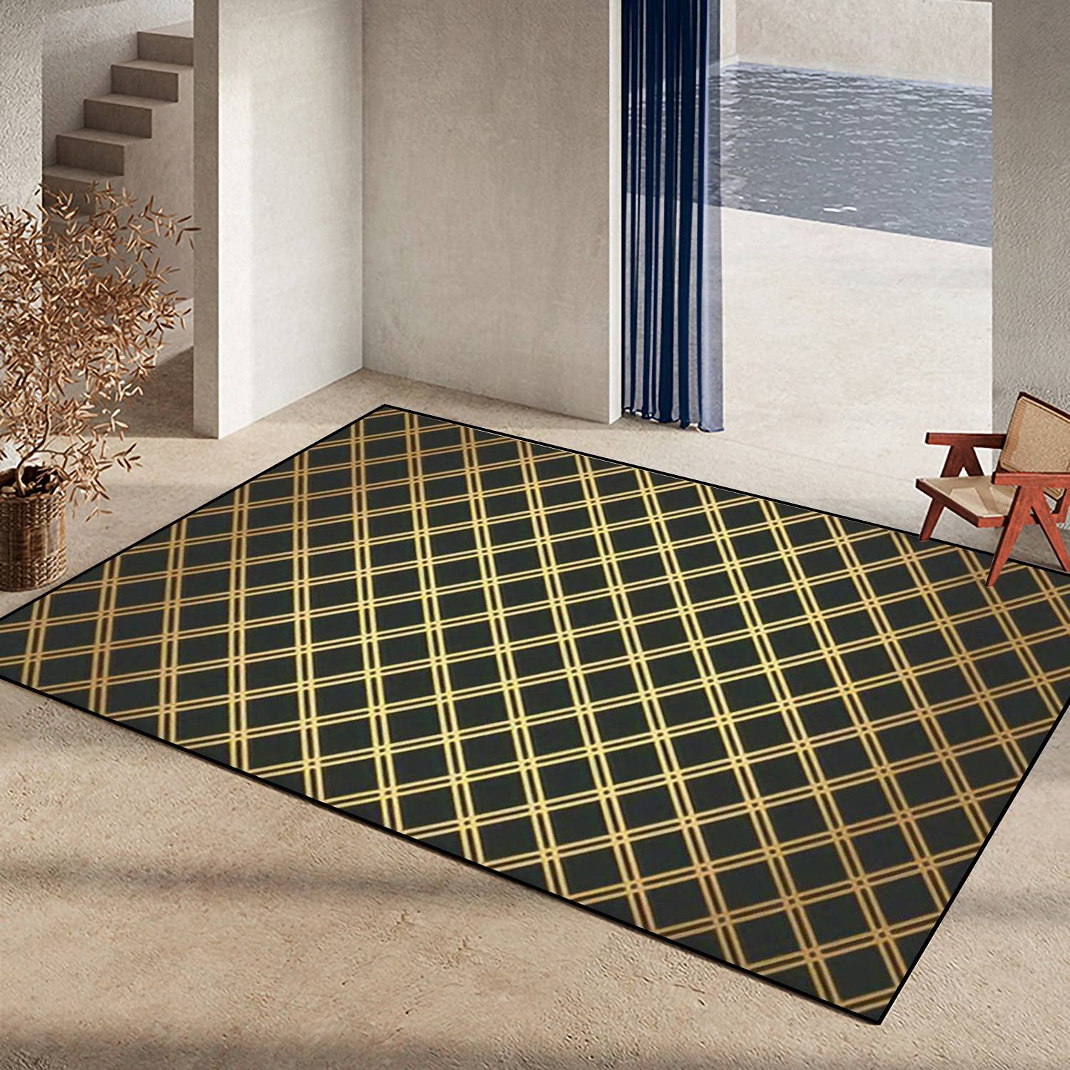 Non-Slip Area Rug with Golden Retro Geometric Grid Pattern - Reversible Indoor Outdoor Carpet for Living Room, Bedroom, Kids Room, Yoga Studio, Patio & Home Decor | Durable Floor Mat for High Traffic Areas
