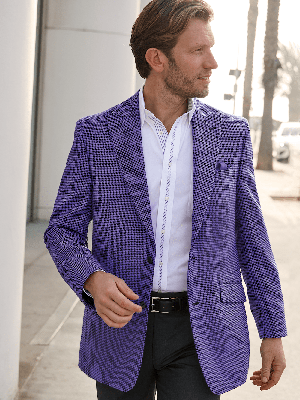 Premium Wool Houndstooth Single-Breasted Peak Lapel Blazer for Men - Elegant Purple Business Jacket - Perfect for Office, Weddings & Formal Events