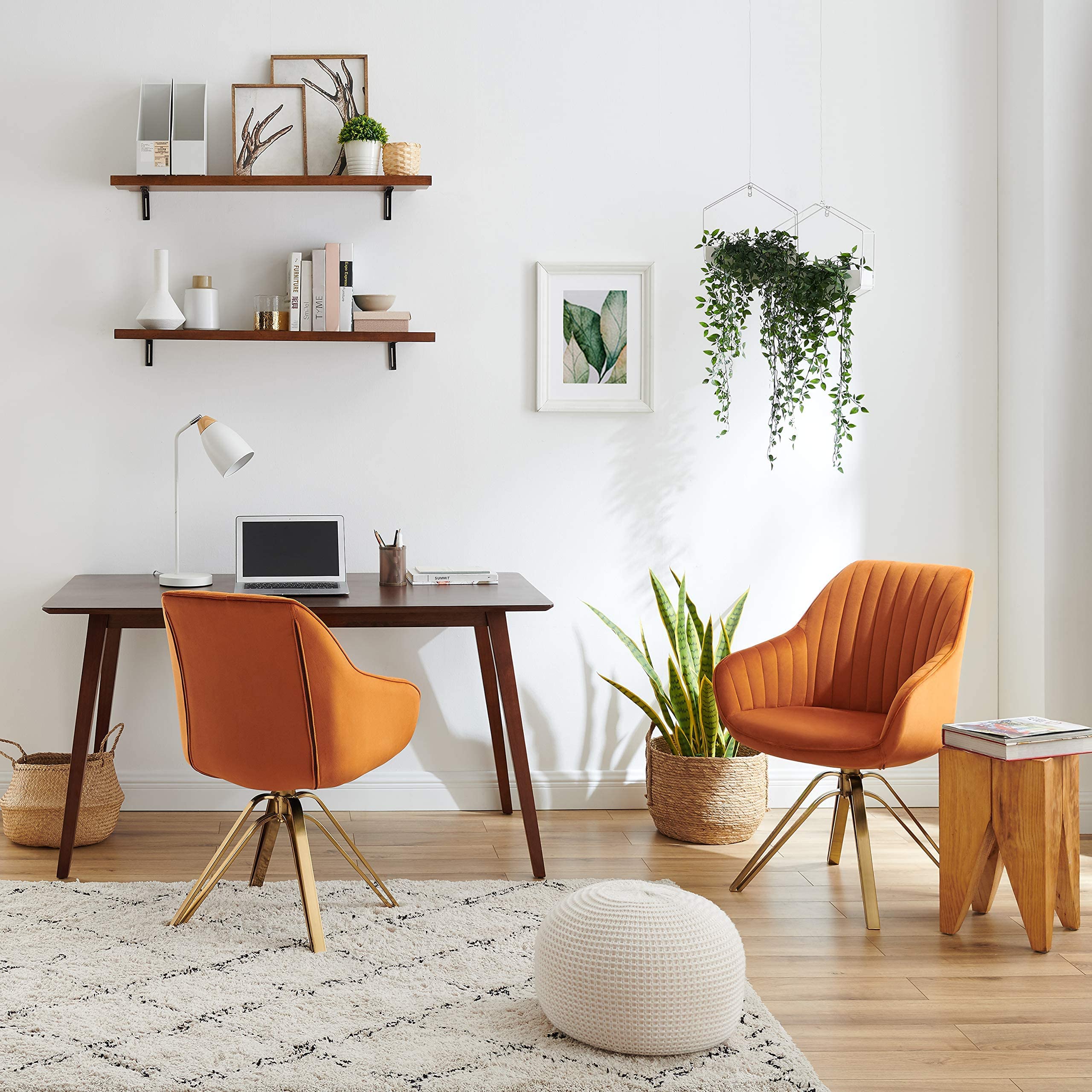 Volans Mid Century Modern Swivel Accent Chair - Hollow Brushed Gold Plated Legs, Office Desk Chair for Living Room, Dining Room & Small Spaces - Cinnamon Brown - Perfect for Home Office, Reading Nook & Lounge Areas