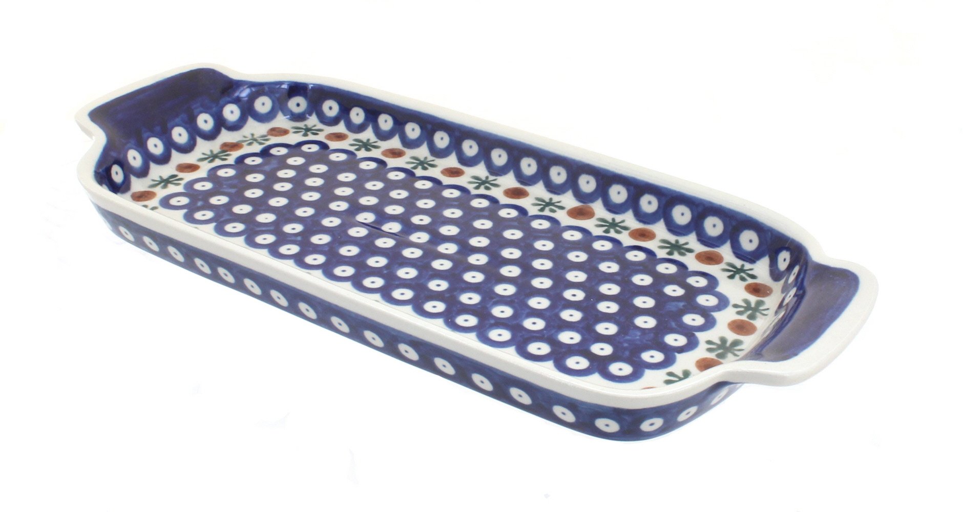 Handmade Blue Rose Polish Pottery Bread Tray with Handles - Rustic Nature-Inspired Serving Platter for Breakfast, Brunch & Dinner Parties