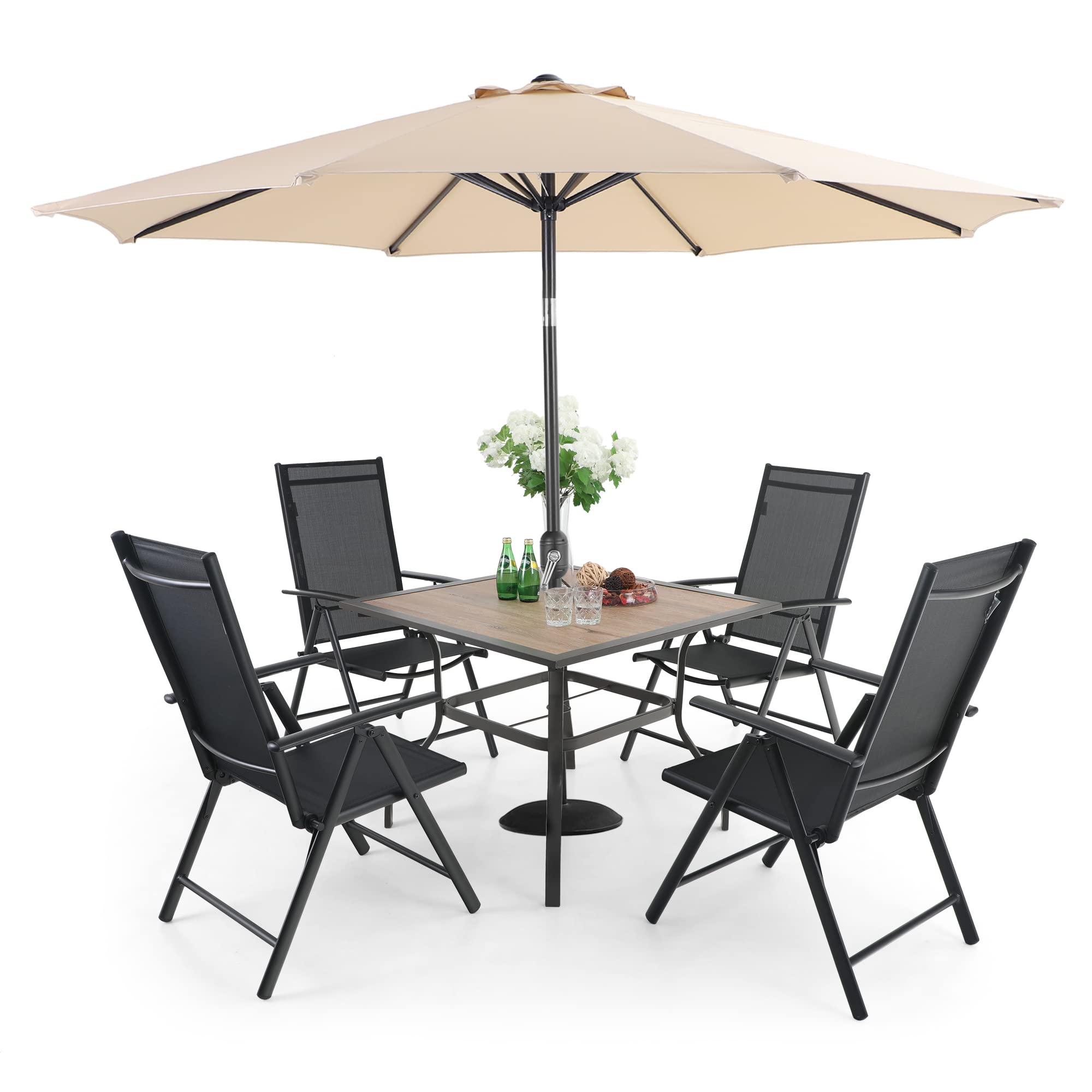 5-Piece Outdoor Patio Furniture Set with 9ft Beige Umbrella - Black Folding Sling Chairs & Square PVC Metal Table with 1.57