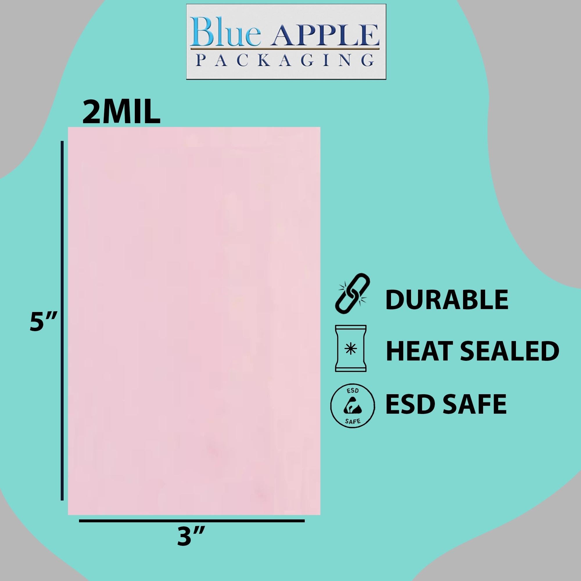 Pink Anti-Static Plastic Flat Bags - 3x5 Inches, 2 Mil Thick (Pack of 100) | Heavy Duty Heat Sealable Packaging Bags for Small Parts, Jewelry & Crafts | Perfect for Ecommerce, Retail & Small Business Product Protection
