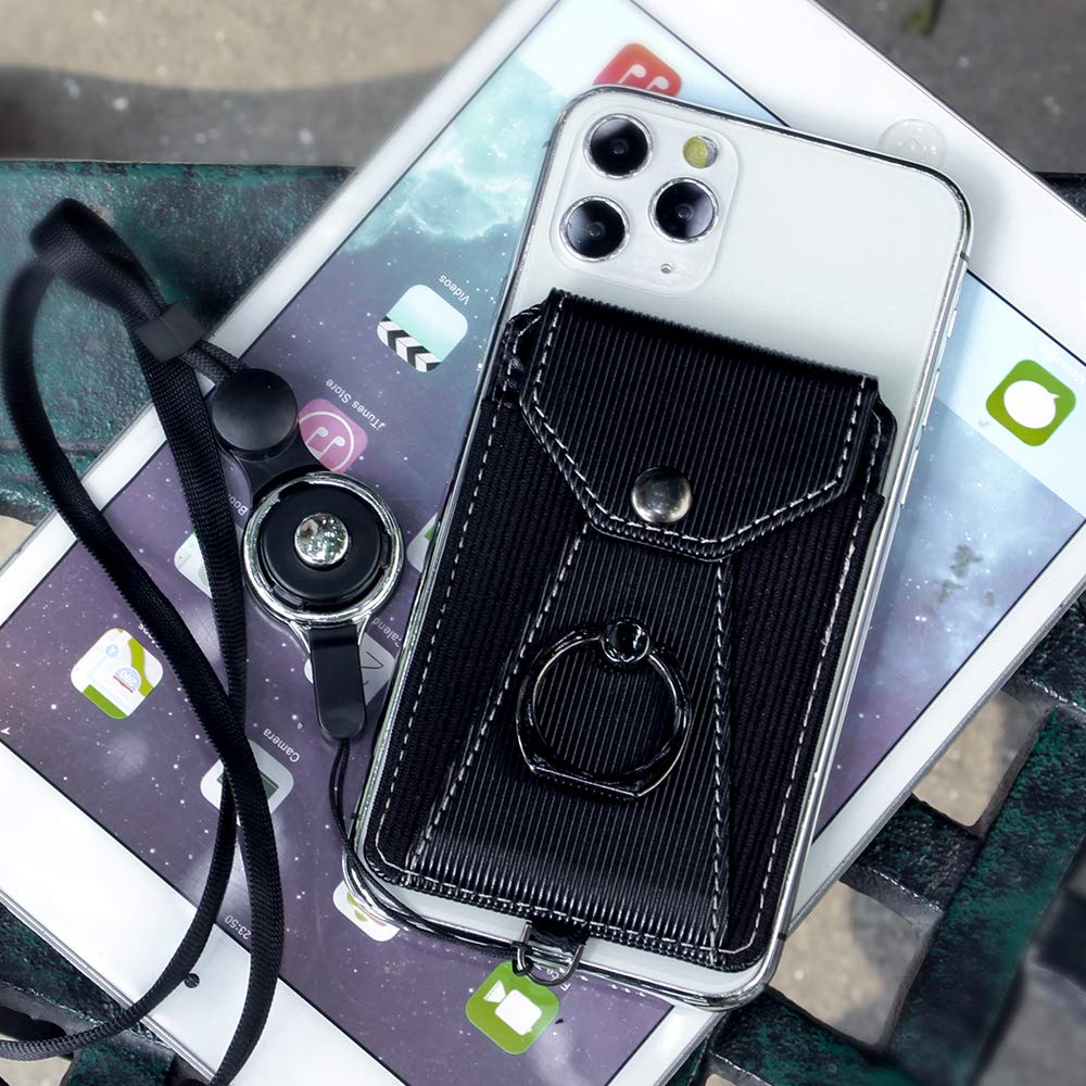 Black Adhesive Stick-on Phone Card Holder with Ring Grip Stand & Detachable Neck Strap - Wallet Pocket for Credit Cards - Perfect for Travel, Shopping & Hands-Free Convenience