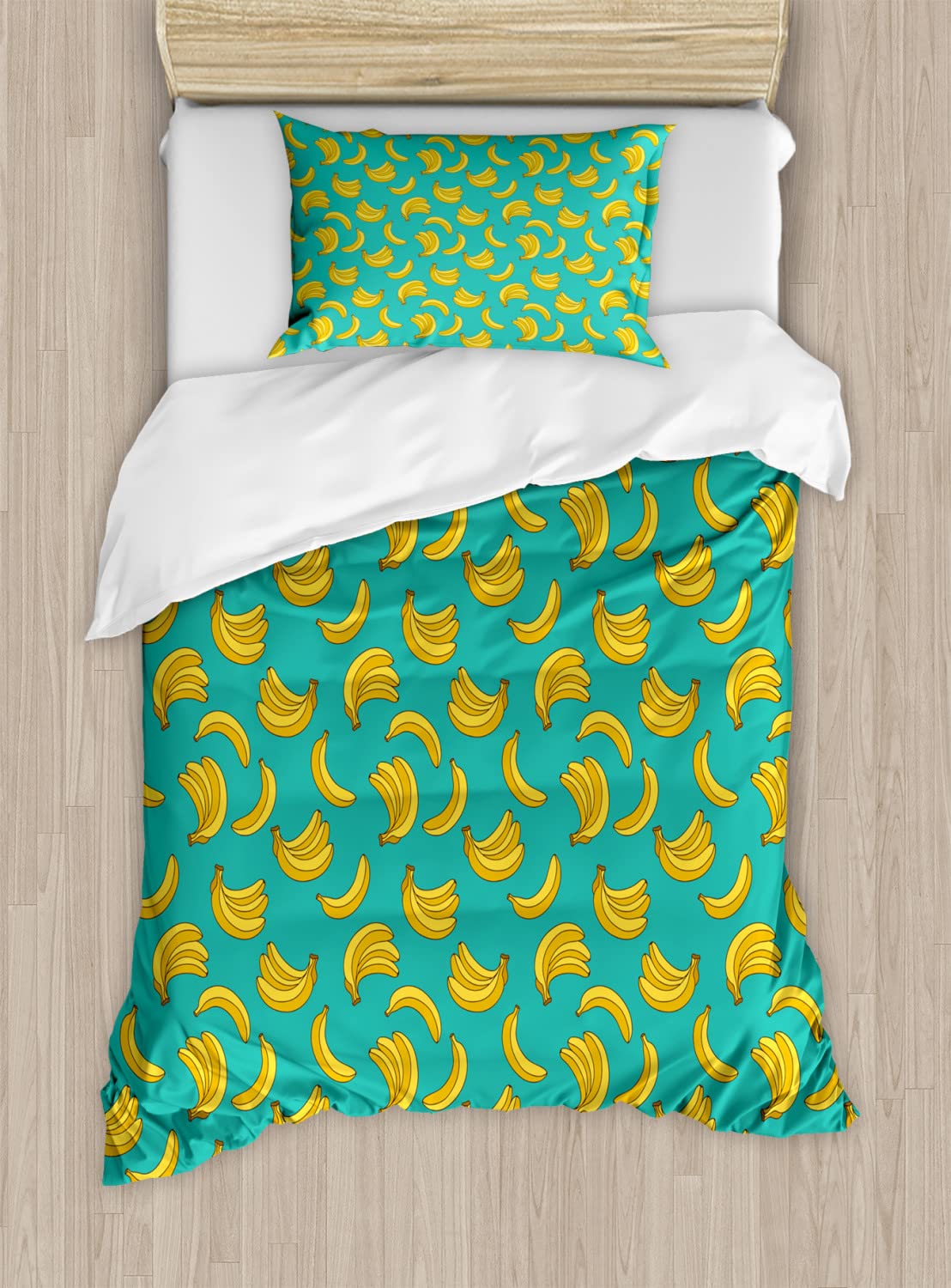 Ambesonne Tropical Banana Duvet Cover Set - 2 Pack Twin Size, Teal & Yellow Exotic Palm Summer Design with 2 Pillowcases | Vibrant Bedding for Beach House, Boho Bedroom & Tropical Themed Decor