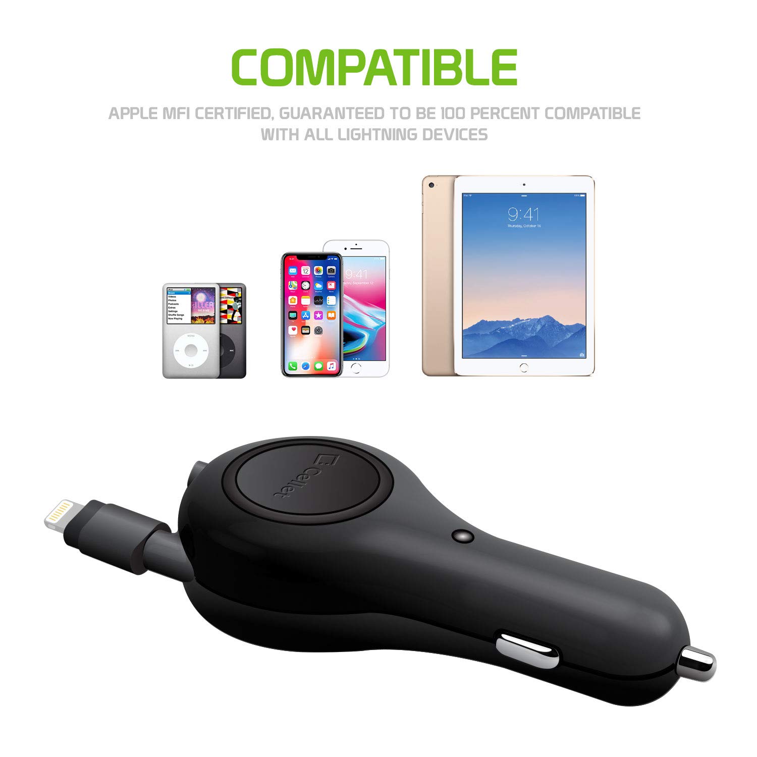 MFI Certified 10W Retractable iPhone Car Charger with Lightning Cable - Fast Charging for iPhone 14/13/12/11/X/8 & iPad - Perfect for Road Trips & Daily Commute