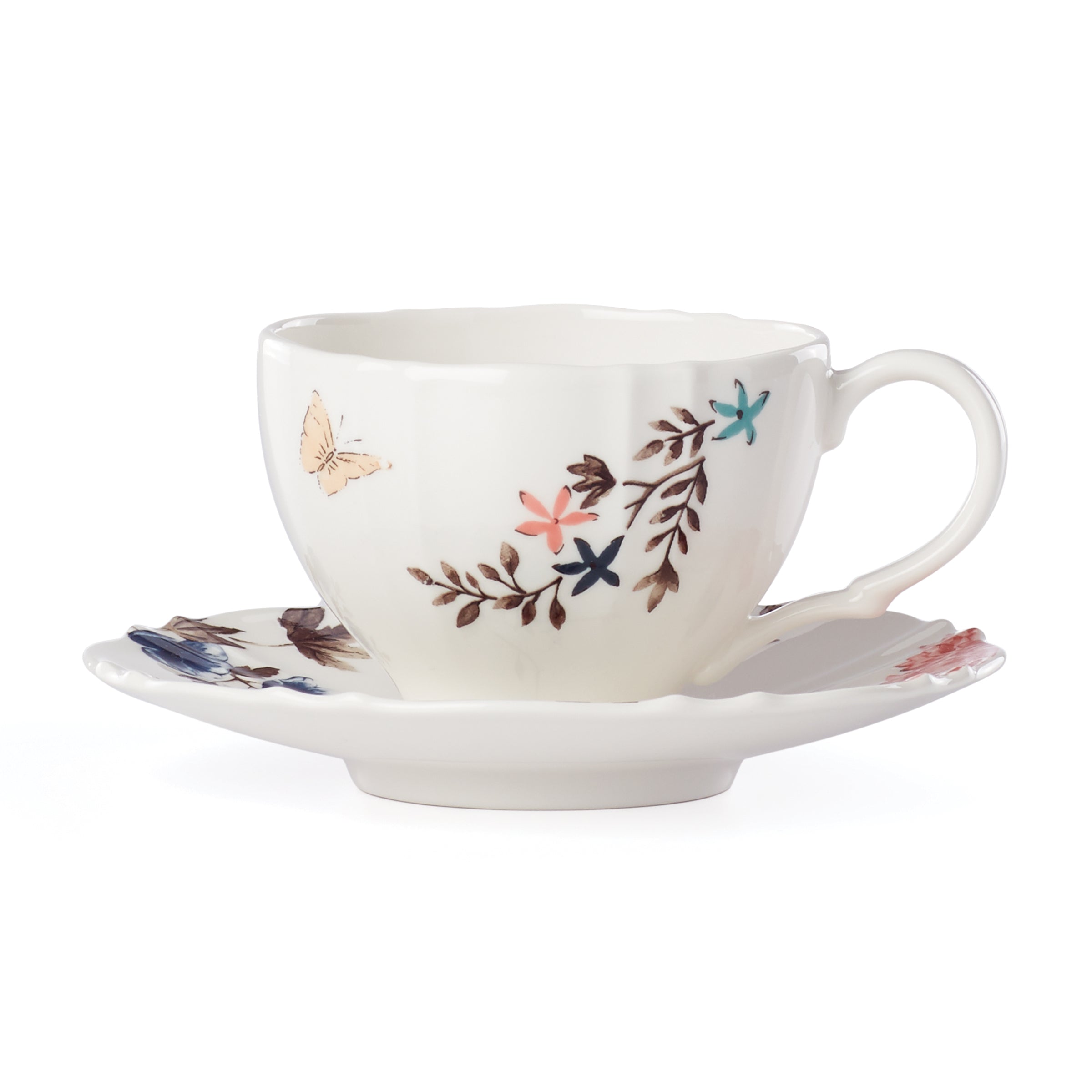 Sprig & Vine White Teacup and Saucer Set - Elegant Porcelain Tea Cup with Saucer for Afternoon Tea, Gifts, and Home Decor