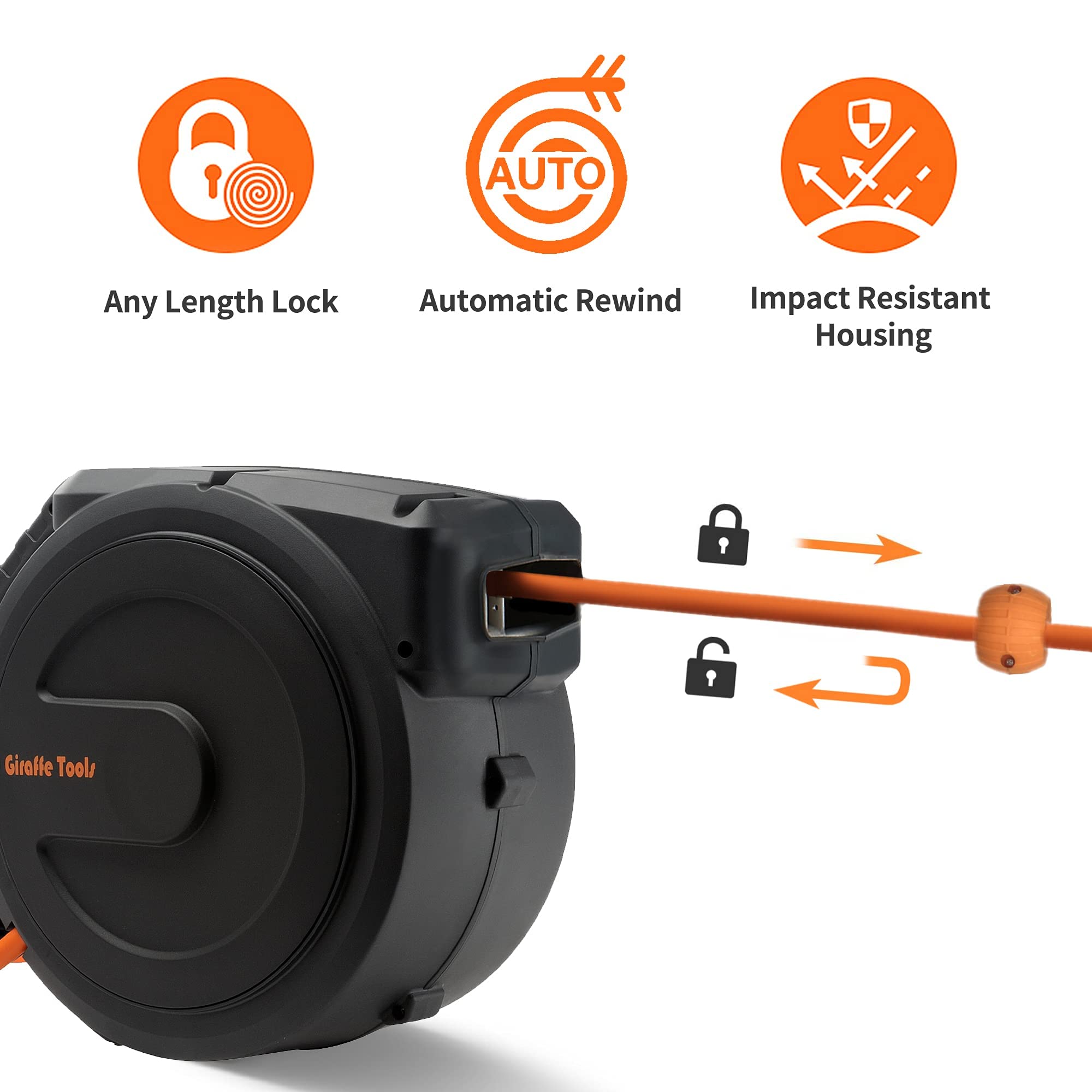 Giraffe Tools 50ft Retractable Air Hose Reel with 25ft Hybrid Hose - Heavy Duty Steel Wall Mount Reel, Auto Rewind, 300PSI - Perfect for Garage, Workshop & Automotive Air Tools