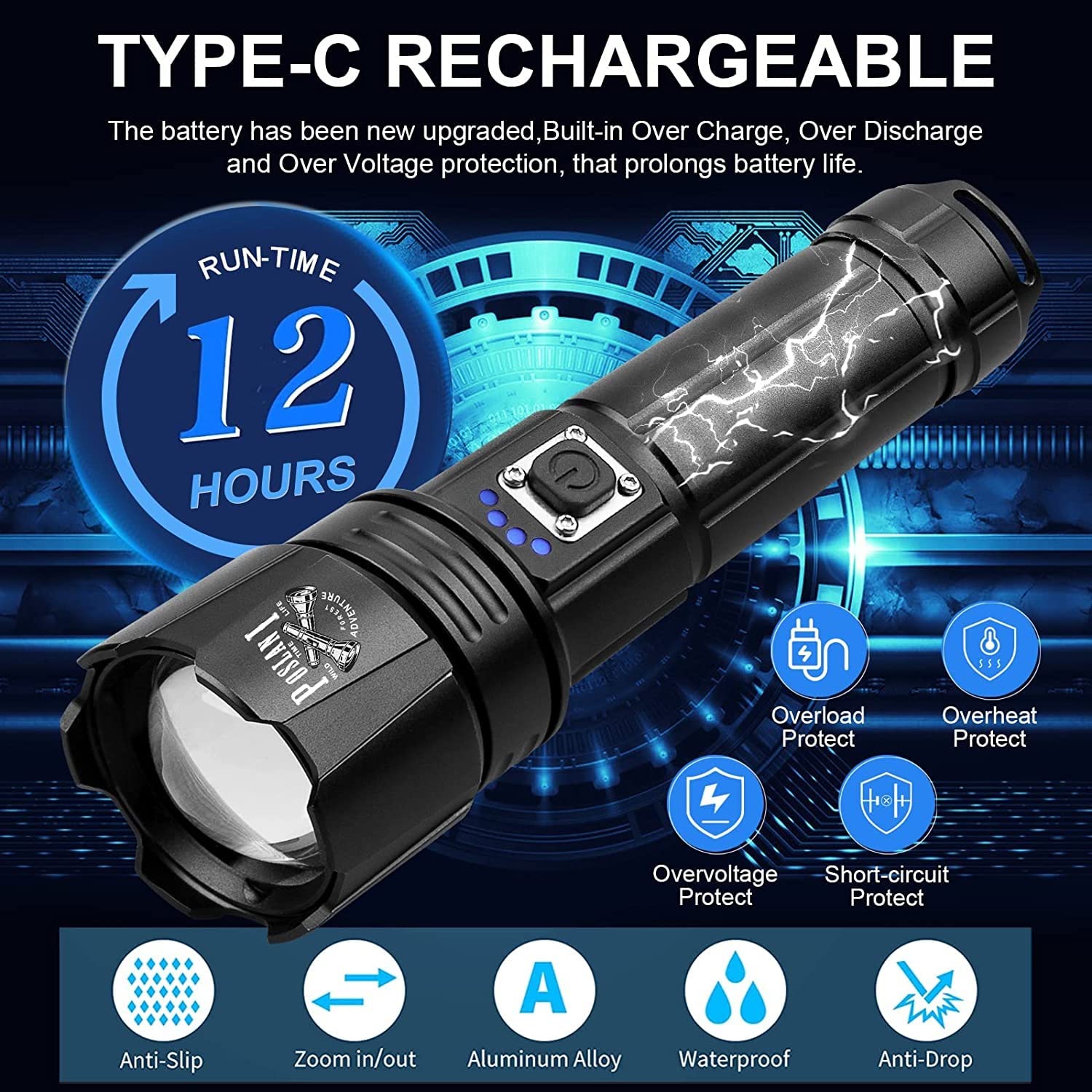 950,000 Lumens Rechargeable LED Flashlight - Ultra Bright Tactical Flashlight with Waterproof Design for Camping, Emergency, Hiking & Outdoor Adventures | Perfect Gift for Men & Survival Enthusiasts