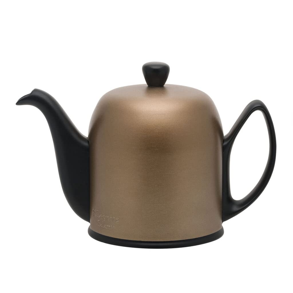 Premium French Porcelain Teapot with Bronze Aluminum Lid - 24oz (4 Cup) Ceramic Tea Kettle with Removable Infuser for Loose Leaf Tea - Elegant Black Design for Afternoon Tea, Tea Parties & Home Decor
