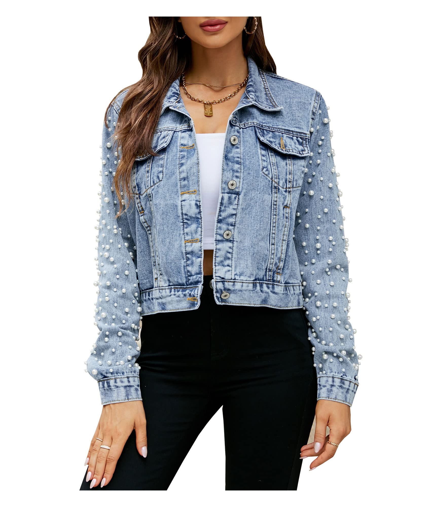 SCOFEEL Women's Embroidered Cropped Denim Jacket - Regular Fit Pearl Decorated Jean Coat for Casual Outfits & Spring Fashion