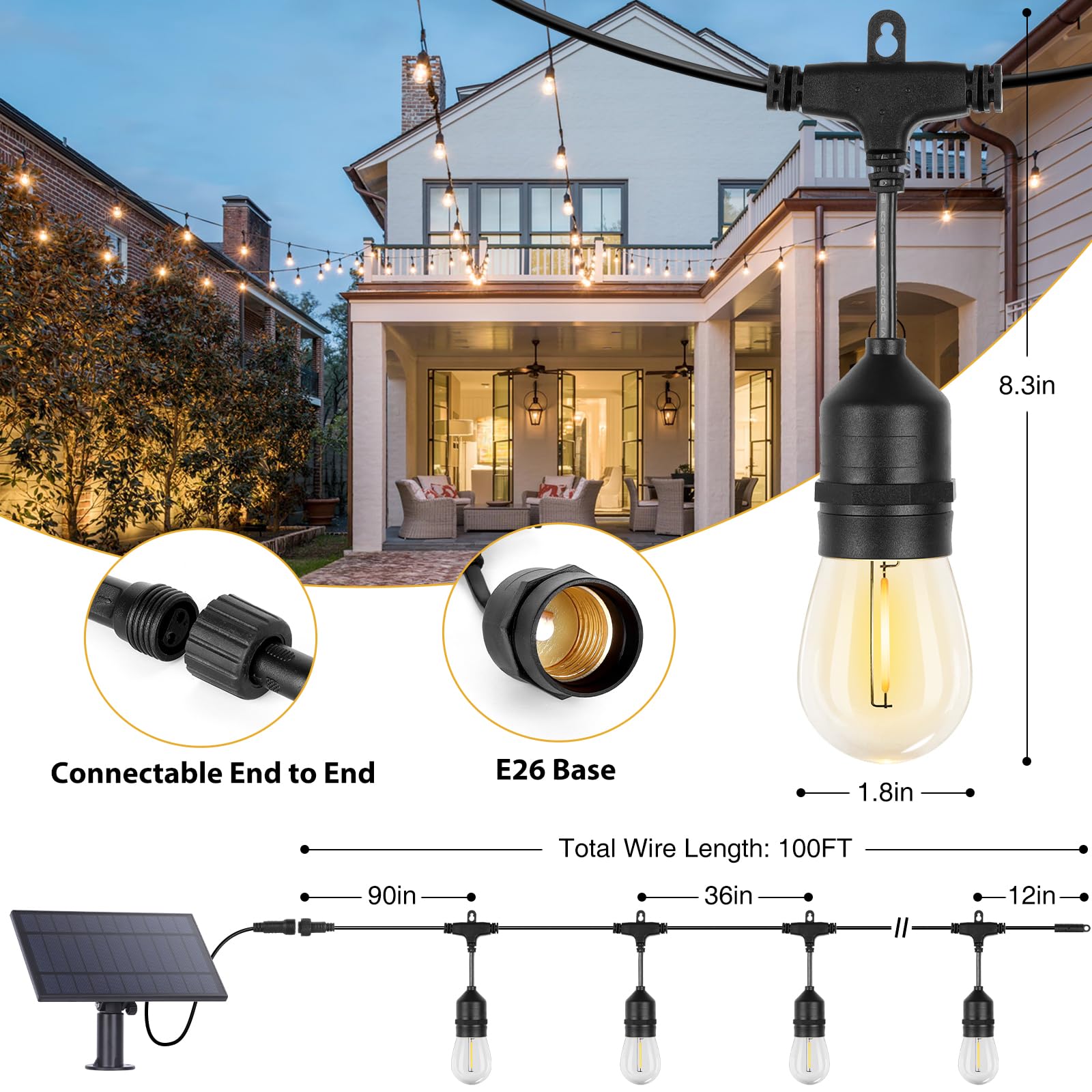 ZJOJO 100FT Solar Powered Outdoor String Lights with 30+2 Shatterproof LED Bulbs, IP65 Waterproof Solar Lights for Patio, Garden & Backyard Decor - USB Charging Port & Solar Panel for Party, Wedding & Holiday Lighting