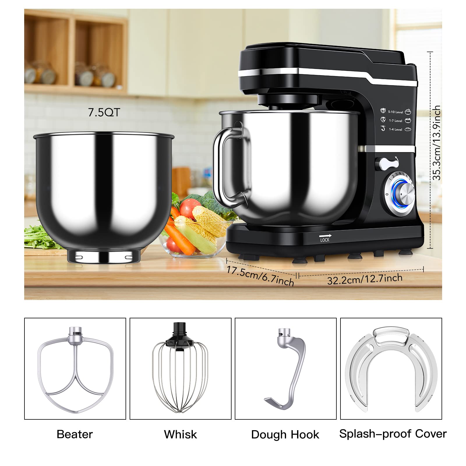 Garvee 7.5QT Stand Food Mixer - 10-Speed Tilt Head Electric Kitchen Mixer with Stainless Steel Bowl, 3-IN-1 Attachments (Dough Hook, Beater, Egg Whisk) & Splash Guard - Compact Dough Mixer for Baking, Cooking & Meal Prep - Perfect for Home Bakers & Chefs (Black)