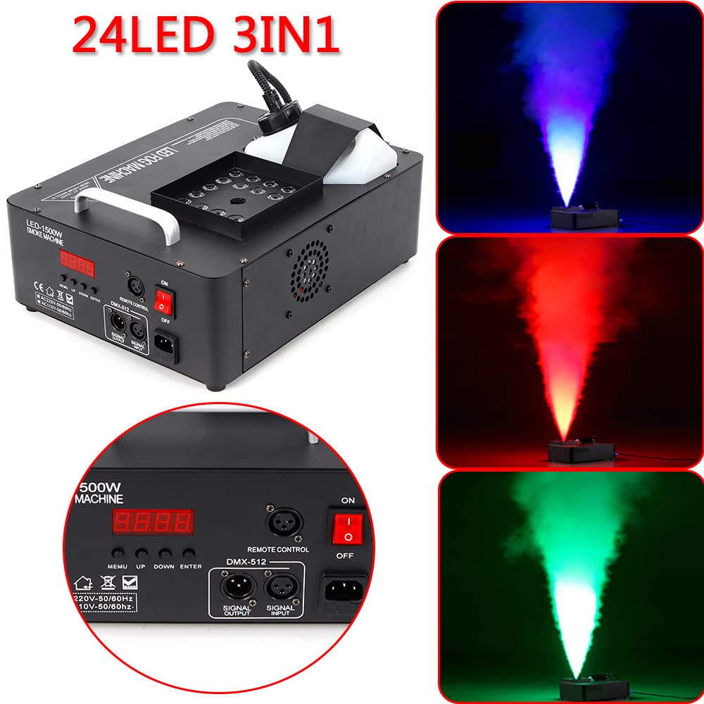1500W Professional Fog Machine with RGB LED Lights & Remote Control - Vertical Spray DJ Stage Fogger for Halloween Parties, Concerts, Theater & Special Effects