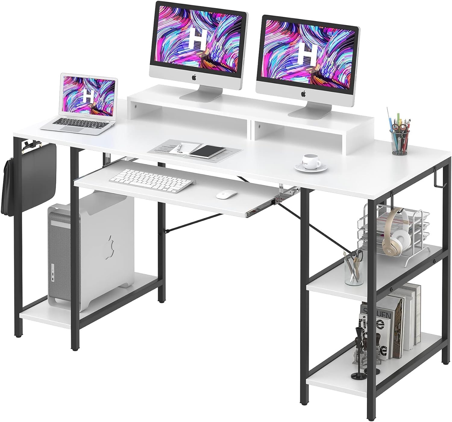 55 Inch Computer Desk with Keyboard Tray & Storage Shelves - Music Production Studio Desk with Monitor Stand & 4 Iron Hooks - Ergonomic Workstation for Home Office, Gaming & Music Production
