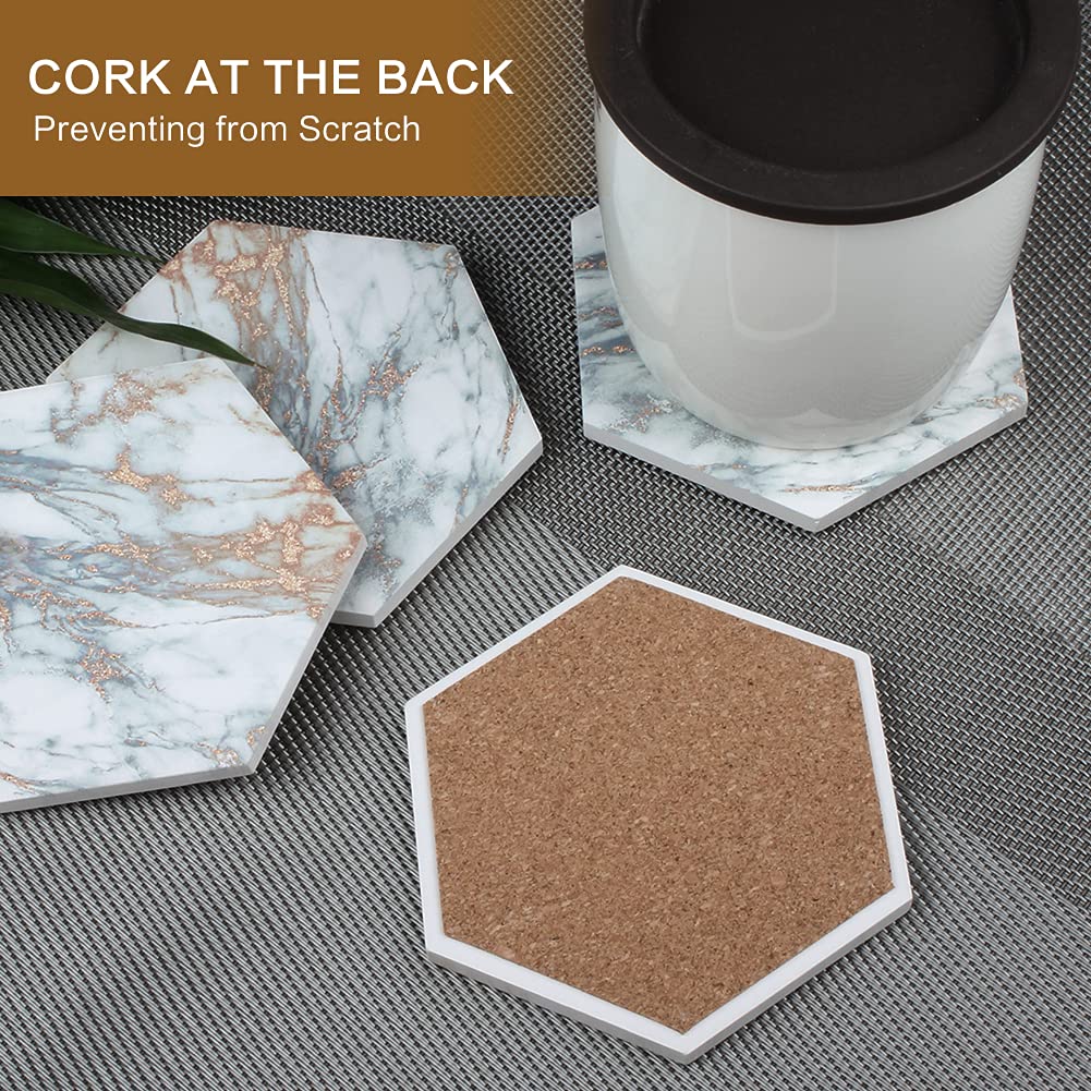 Premium Absorbent Marble Drink Coasters Set with Cork Base - 6pc Elegant Ceramic Cup Coasters with Gold Metal Holder, Rustic Home Decor for Coffee Tables, Bars & Living Room (White) - Perfect for Protecting Wooden Surfaces from Condensation & Stains