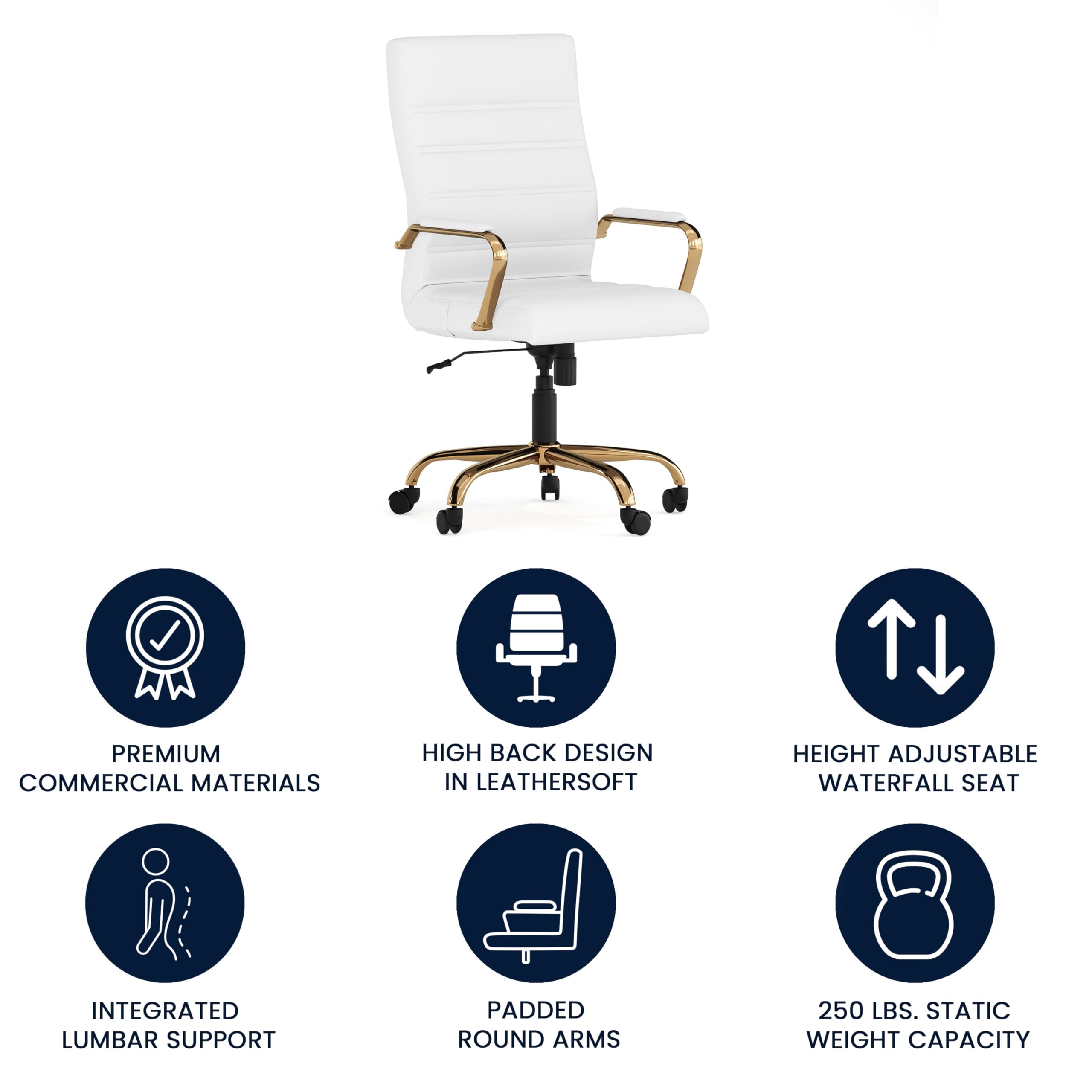 Premium White LeatherSoft High Back Executive Office Chair with Gold Frame - Ergonomic Swivel Desk Chair with Adjustable Arms - Perfect for Home Office, Conference Rooms & Executive Suites