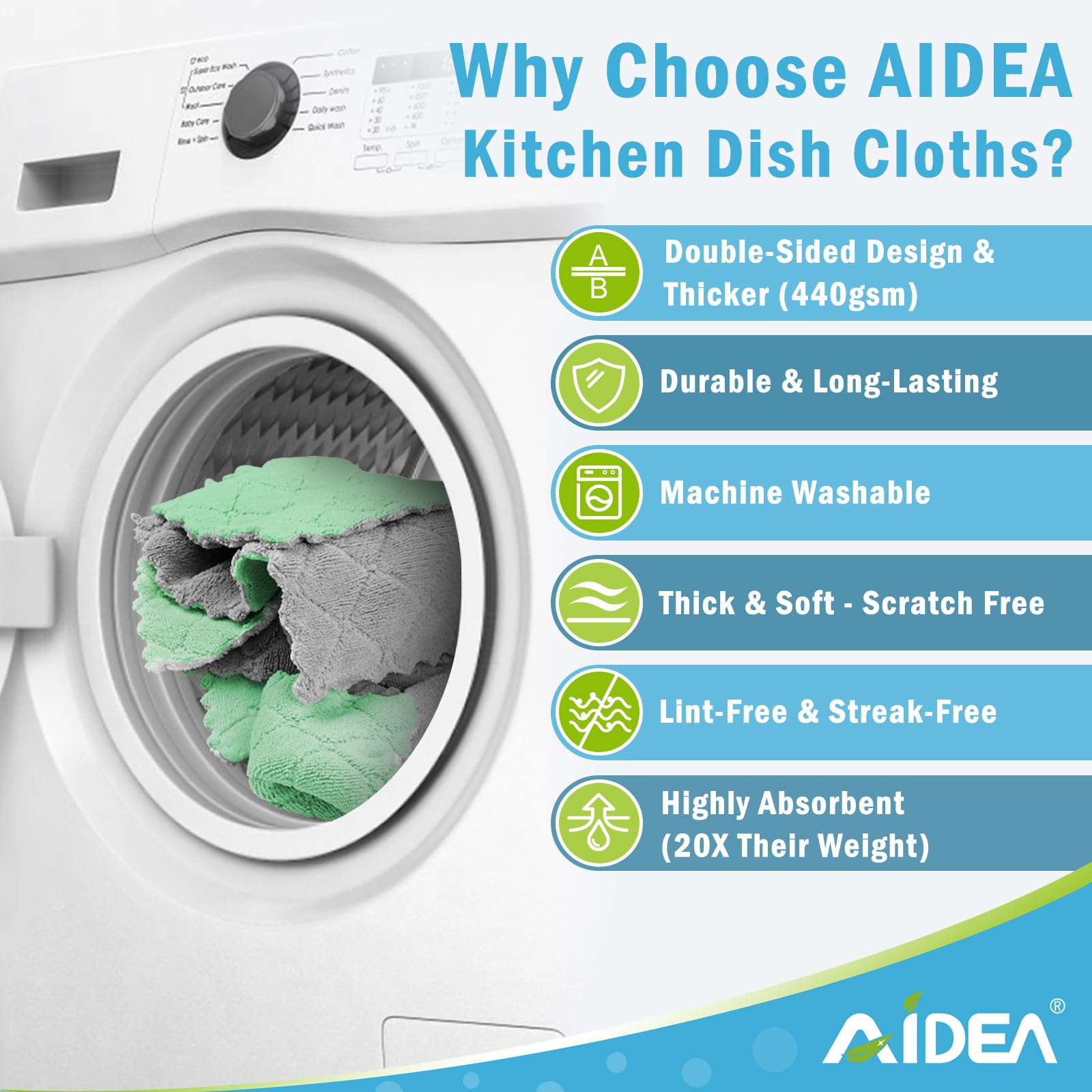 AIDEA 24 Pack Super Absorbent Microfiber Dish Cloths - Fast Drying & Reusable for Kitchen Cleaning