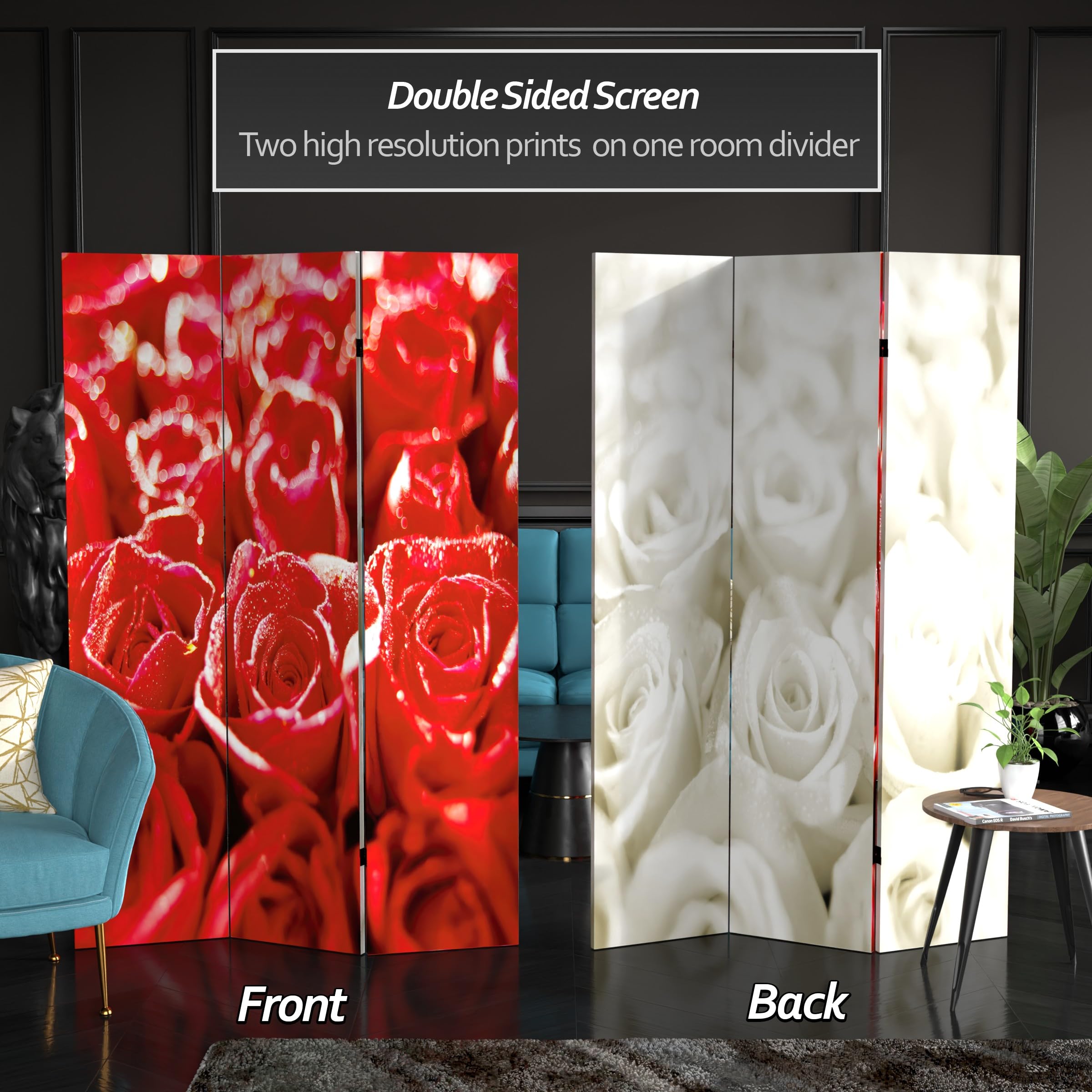 6 ft Tall Double Sided Rose Room Divider - 3 Panel Folding Privacy Screen with Floral Bouquet Design for Home, Office, and Wedding Decor (71 Inches High) | Perfect for Room Separation, Event Backdrop, and Photo Booth Background