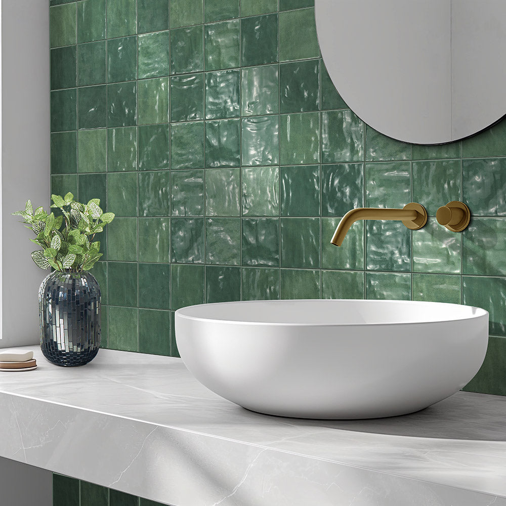 Premium Marrakesh Green 120X120mm Glossy Zellige Square Tile - Perfect for Kitchen Backsplash, Bathroom Walls & Mediterranean Style Home Decor