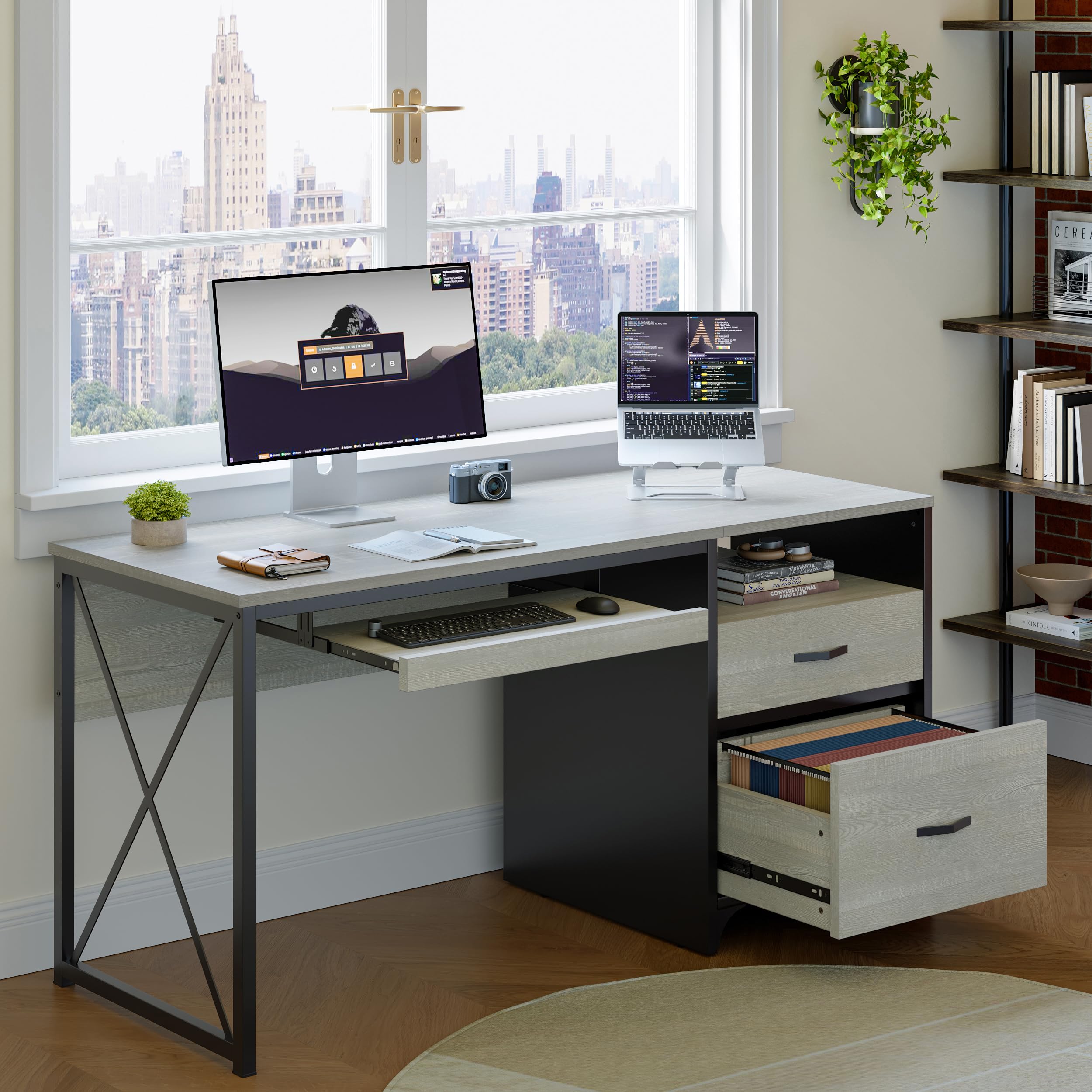 Bestier 55 Inch Industrial Office Desk with Drawers & Keyboard Tray - Wooden Computer Desk with Storage Shelf & File Drawer - Home Office Desk for Work, Study & Gaming - Wash White Finish