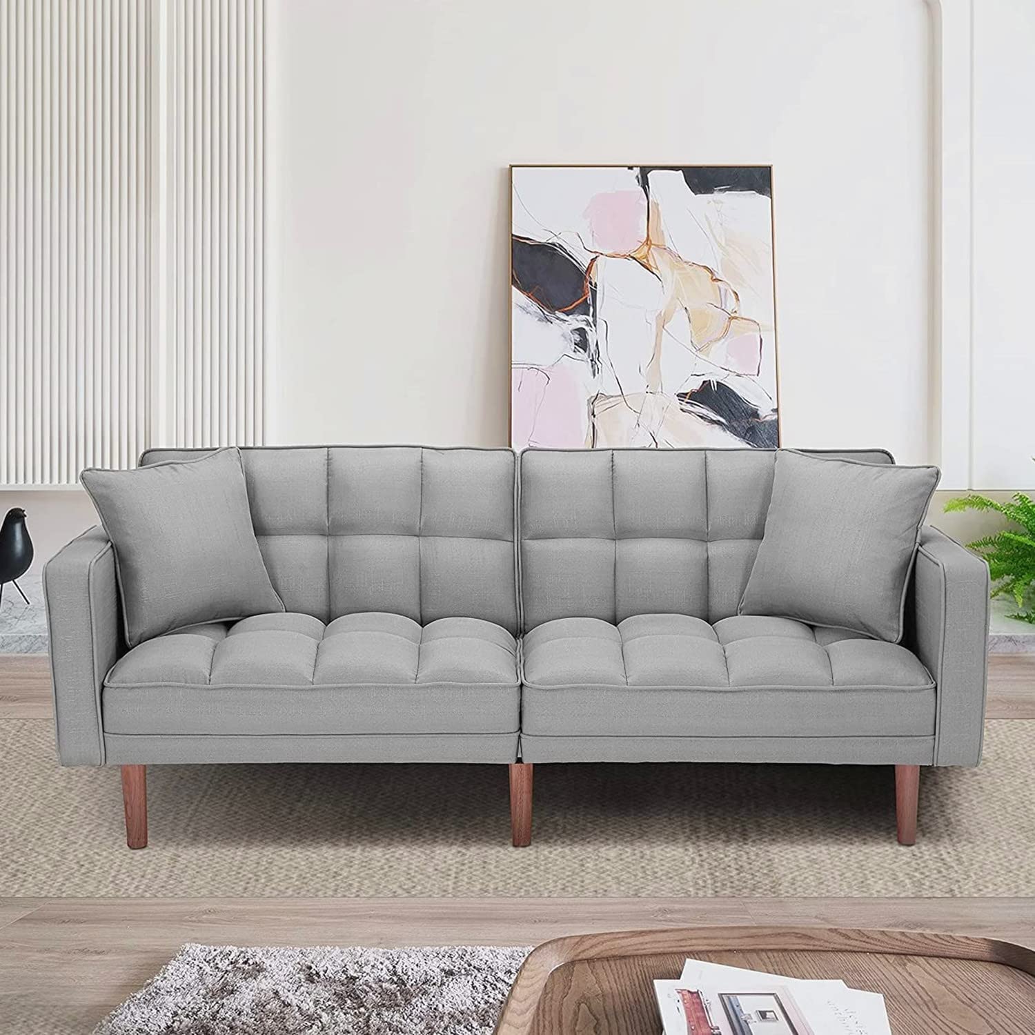 Convertible Futon Sofa Bed with 2 Pillows & Backrest - Foldable Sleeper Couch for Small Spaces - Modern Fabric Futon for Living Room, Bedroom, Guest Room & Studio Apartments - Space Saving Multi-Functional Furniture
