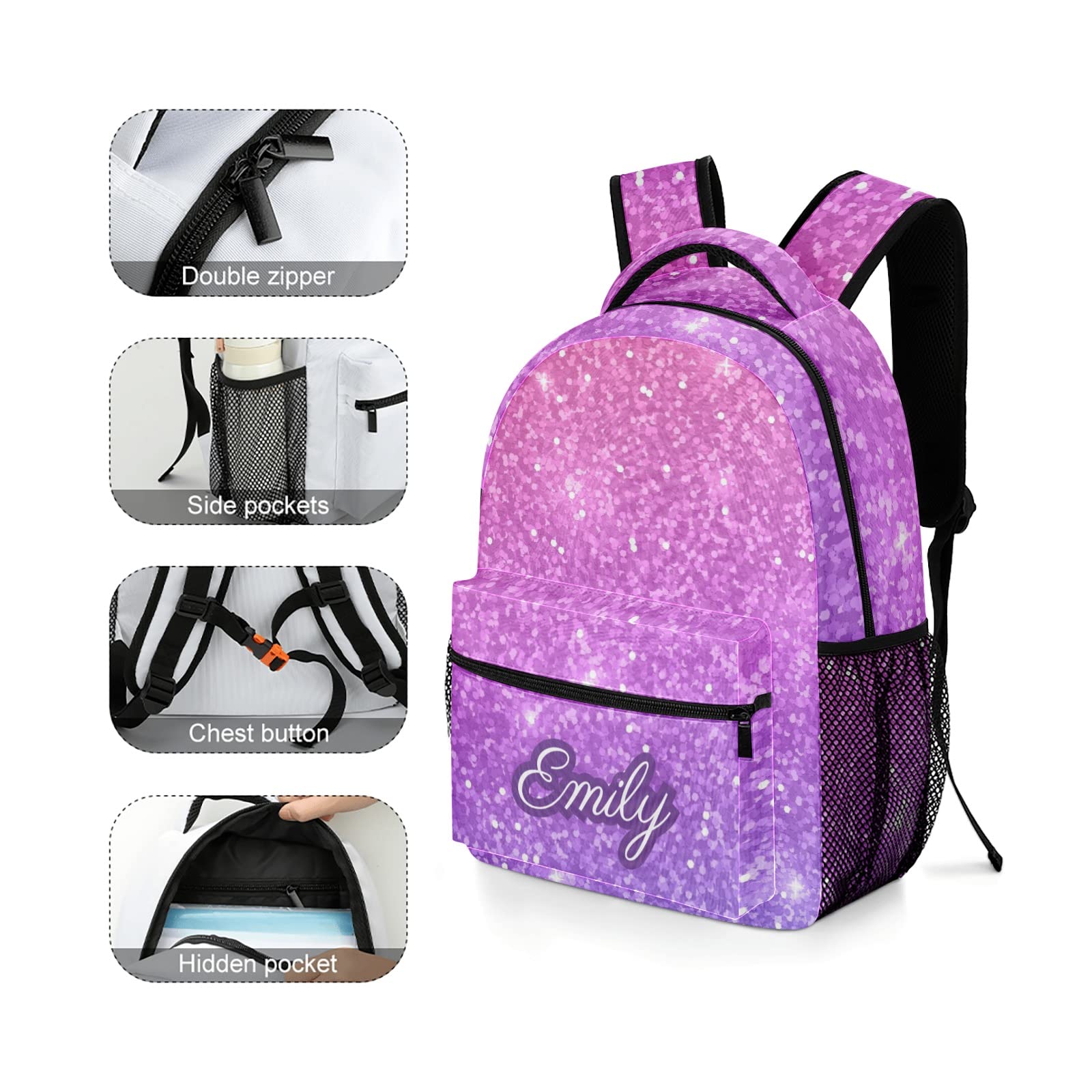 Custom Personalized Kids Backpack 16.5 Inch - Pink Violet Glitter Waterproof School Travel Bag for Boys & Girls (16.5