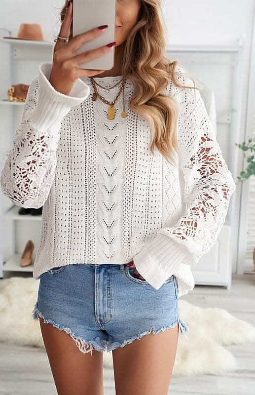 Elegant Cutout Petal Sleeve Sweater for Women - Trendy Knit Pullover for Fall & Winter - Perfect for Office, Date Night & Casual Outings