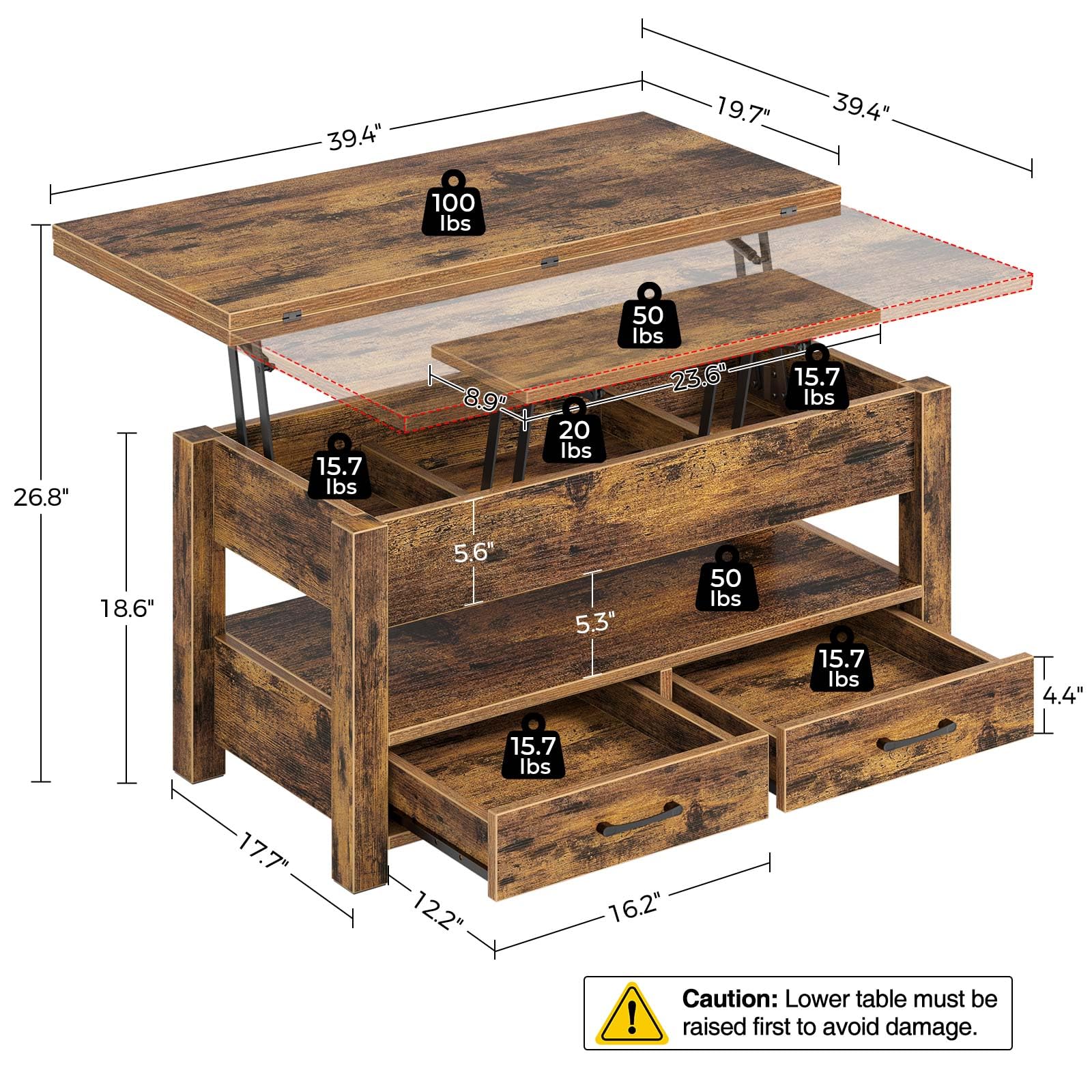 Rolanstar Lift Top Coffee Table with Drawers - Convertible Rustic Brown Coffee to Dining Table - Hidden Storage Compartment - Perfect for Living Room, Home Office & Small Spaces