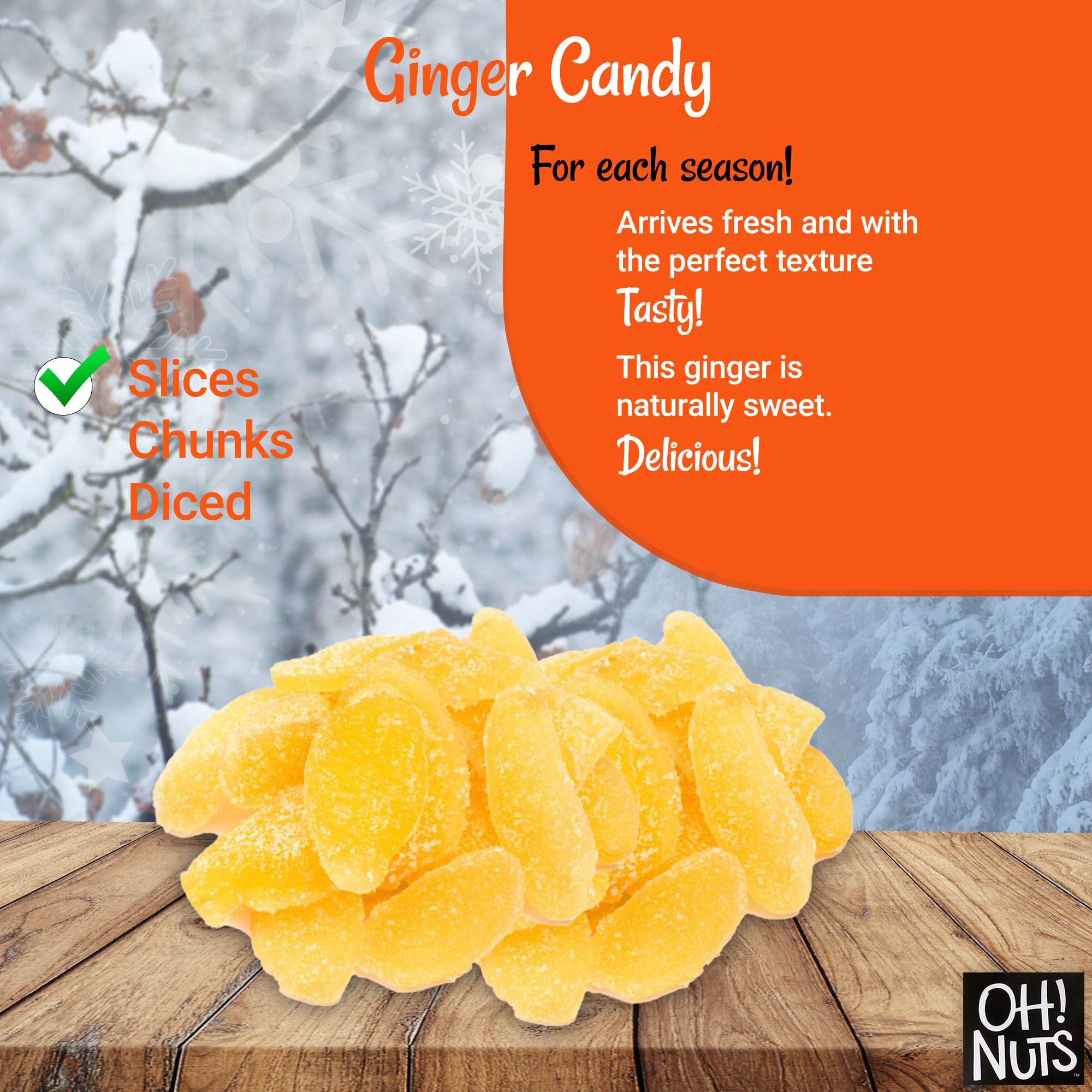 Oh! Nuts Ginger Candy - 2 lb Bag - Dried Ginger Slices with Crystallized Sugar Coating - Dehydrated Fruit Snacks - Packed in Resealable Zip Bag for Freshness - Perfect for Baking, Tea Pairing & Healthy On-the-Go Snacking