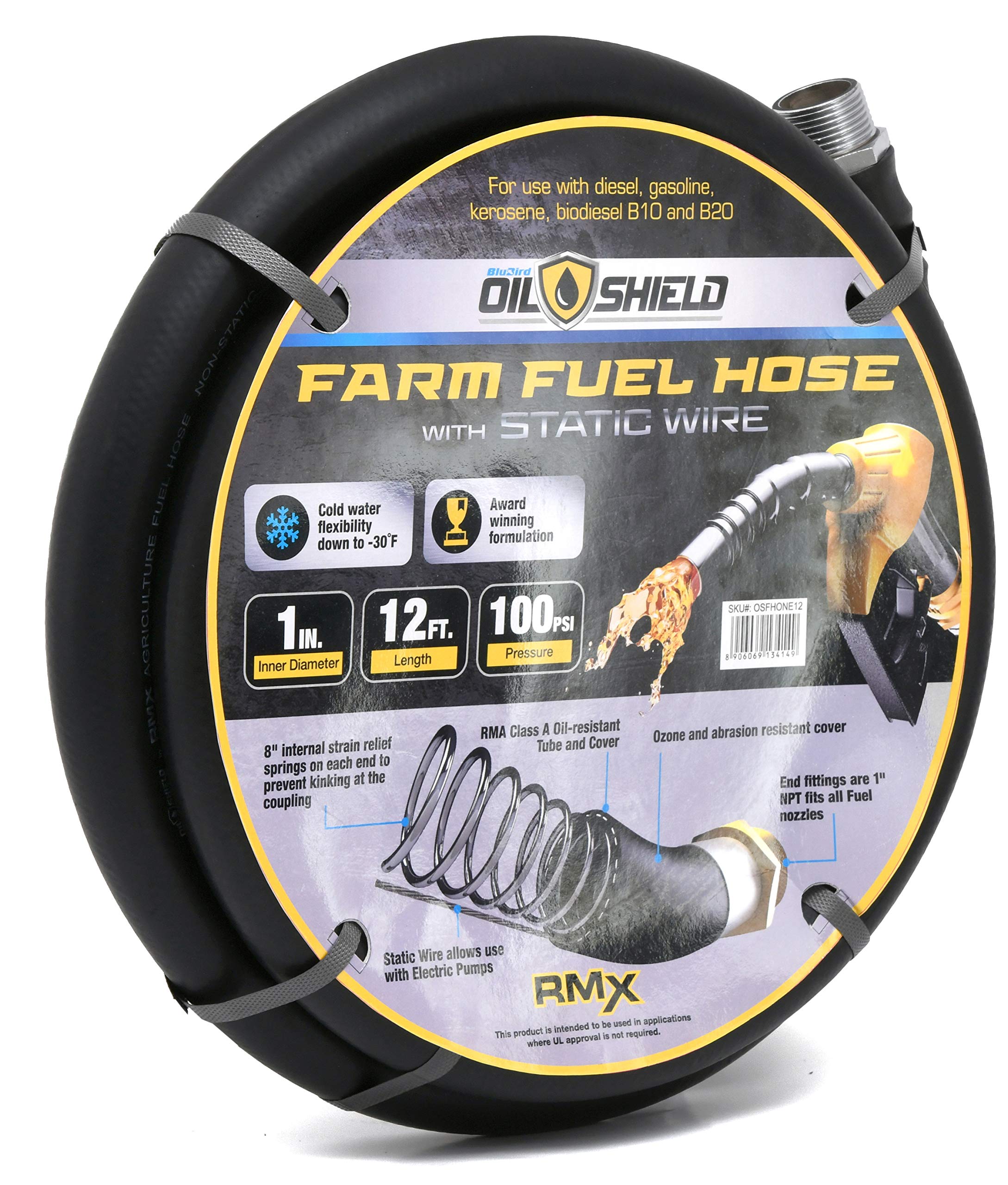 Oil Shield Next-Gen Farm Fuel Transfer Hose - Lightweight, 2X Kink Resistant, Antistatic - with 4 Finger Grip Bend Restrictors (1