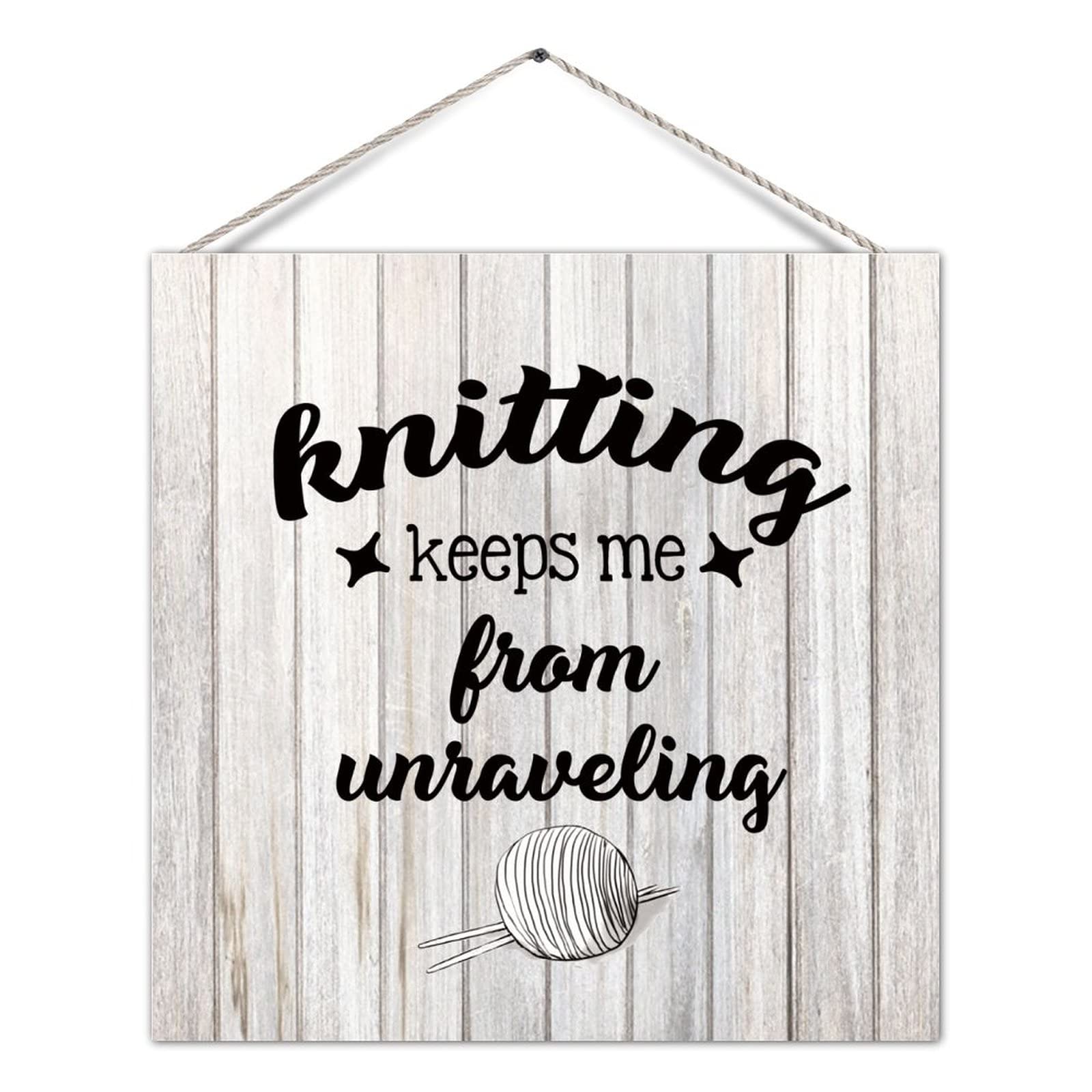 Farmhouse Style Wood Sign - Knitting Keeps Me Rustic Wood Plaque with Rope - Aesthetic Home Decor for Cottage, Table & Outdoor Use - Perfect for Living Room, Porch & Cozy Spaces