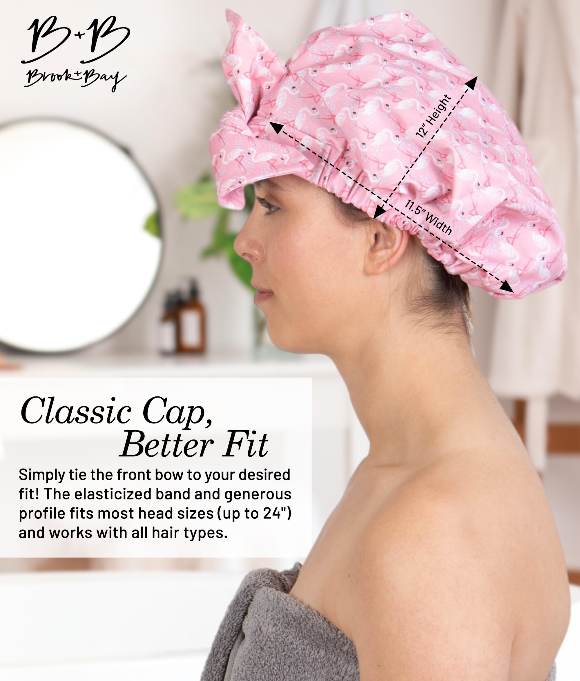Brook + Bay Adjustable Waterproof Shower Cap with Bow - Reusable Bath & Swim Hair Protector for Women - Perfect for Showering, Swimming & Salon Visits