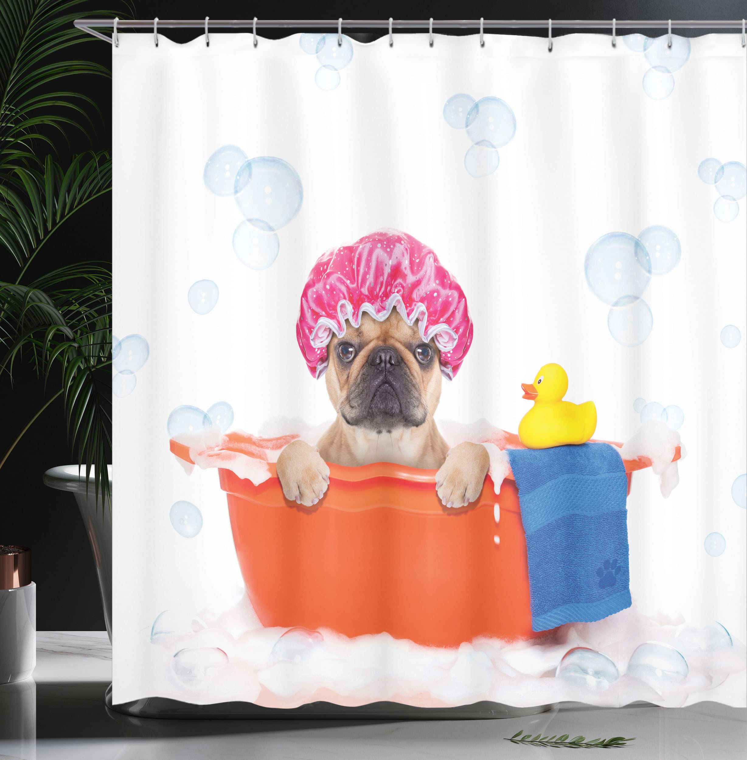 Ambesonne Dog Lover Shower Curtain - French Bulldog Bathing with Rubber Duck on Bubbles Background, 69x70 Inch Waterproof Fabric Bathroom Decor with Hooks, Orange & Pink | Perfect for Pet Lovers' Bathroom, Kids' Shower Room & Unique Gift Idea