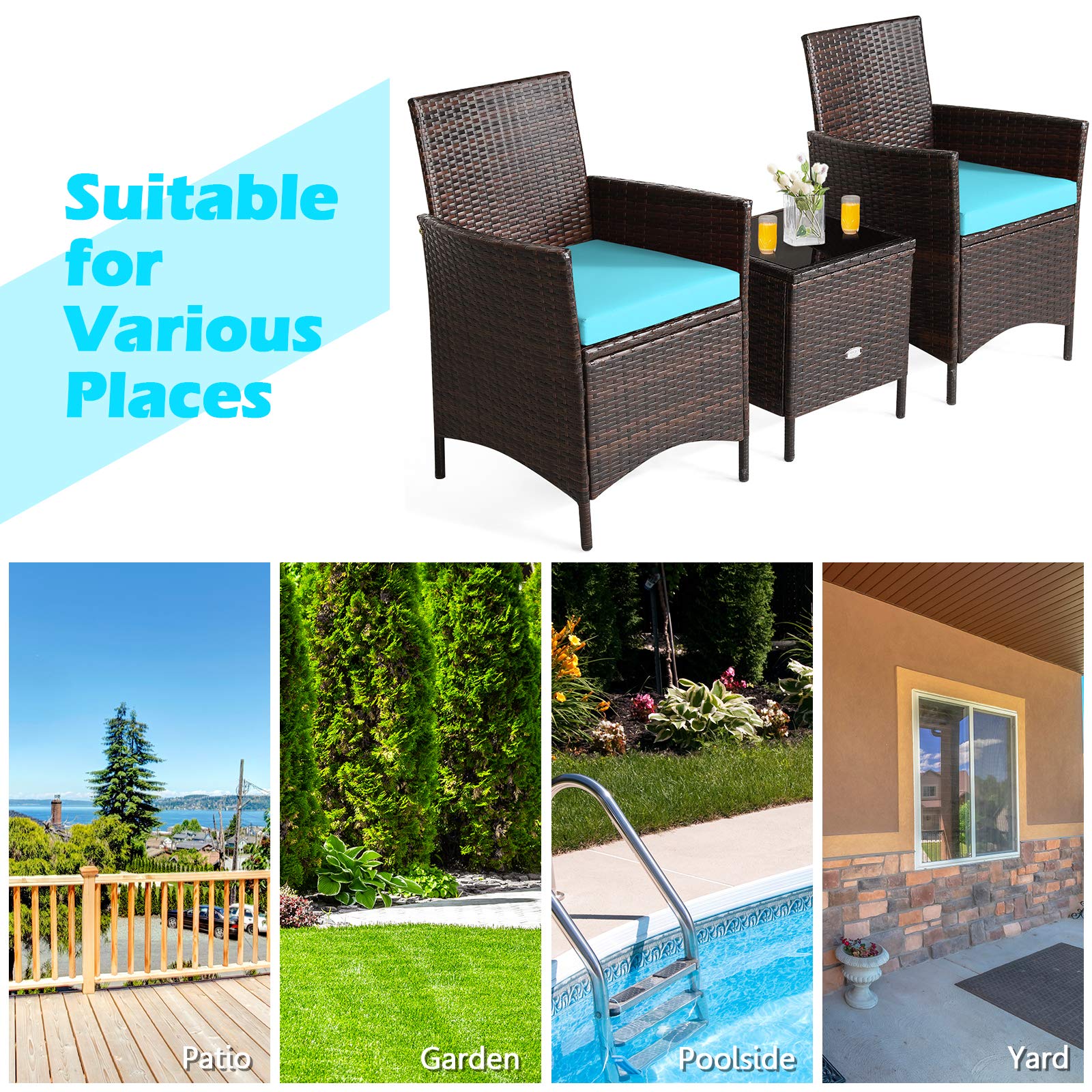 HappyGrill 3-Piece Patio Furniture Set - Rattan Wicker Bistro Set with Glass Coffee Table & Cushions, Outdoor Conversation Set for Garden, Lawn, Poolside, Backyard | Perfect for Relaxing, Entertaining & Outdoor Dining
