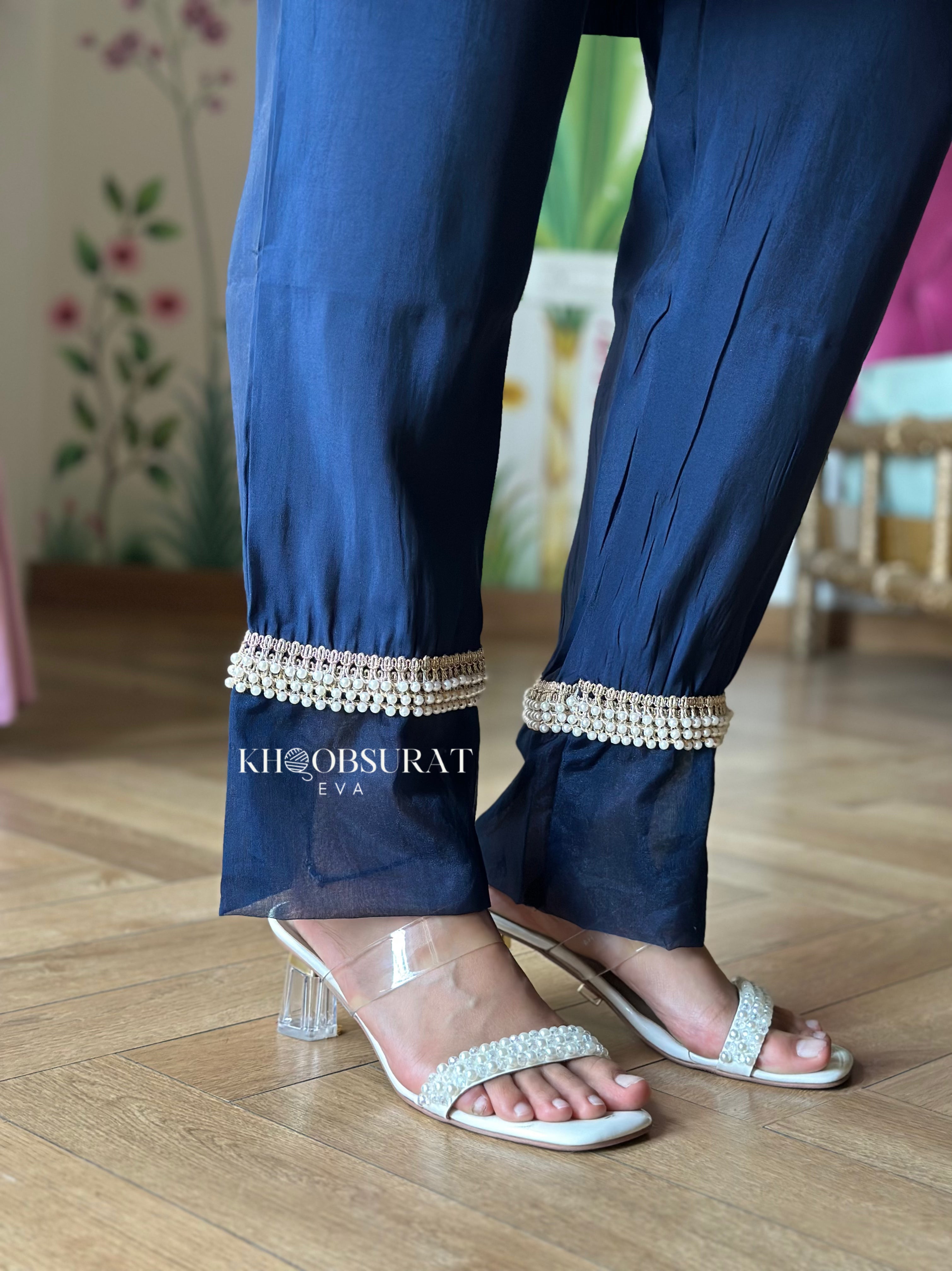 Royal Blue Pearl Embroidered Kurta Set for Women - Elegant Indian Ethnic Wear for Festivals, Weddings & Special Occasions