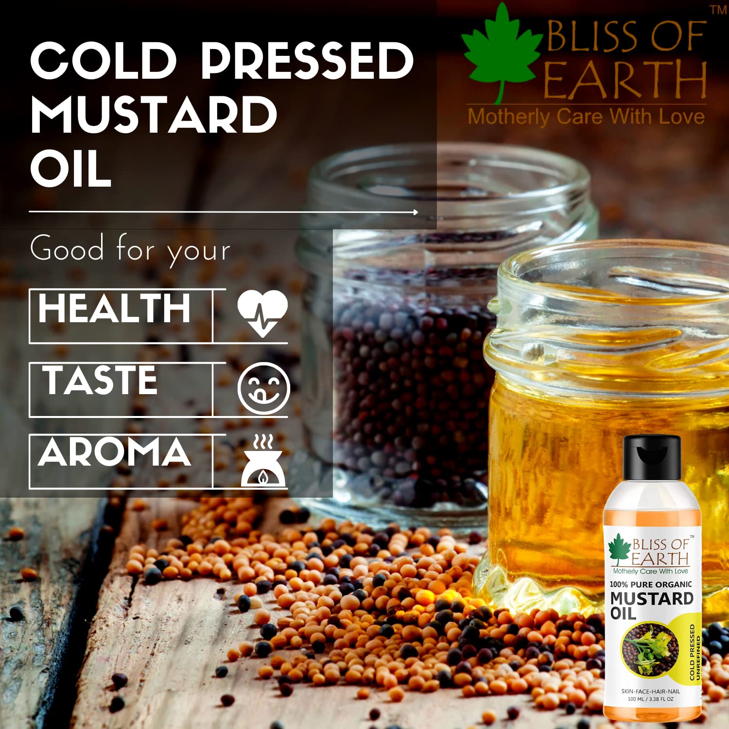 100% Pure Organic Cold Pressed Mustard Oil for Hair & Skin - Hexane Free, Baby-Friendly, Antibacterial - Bliss of Earth 100ml | Promotes Hair Growth, Scalp Care & Massage