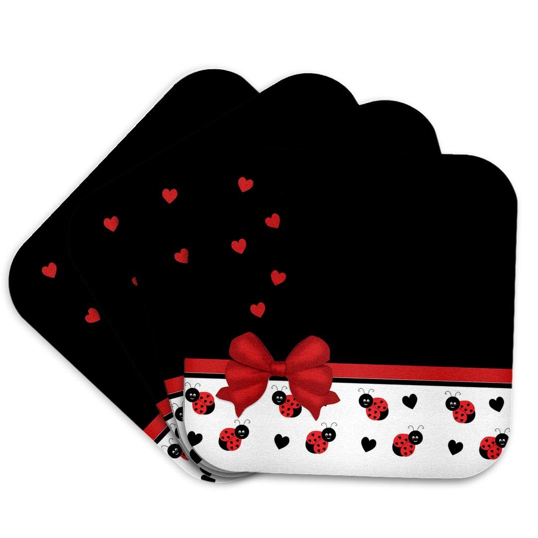 3D Rose Cute Red and Black Ladybugs with Floating Hearts & Red Ribbon - Set of 4 Soft Absorbent Coasters for Drinks - Perfect for Kitchen, Dining Table, Coffee Bar, and Home Decor (CST_155266_1)