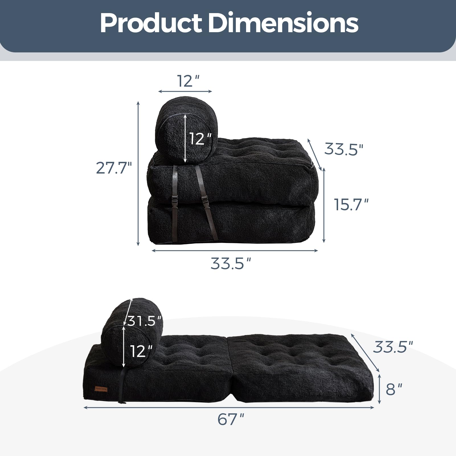 MAXYOYO Folding Sofa Bed - Convertible Boucle Sleeper Chair with Bolster Pillow, Multi-Functional Floor Sofa Lounge for Living Room & Bedroom (Black) | Perfect for Small Spaces, Guest Rooms & Apartment Living
