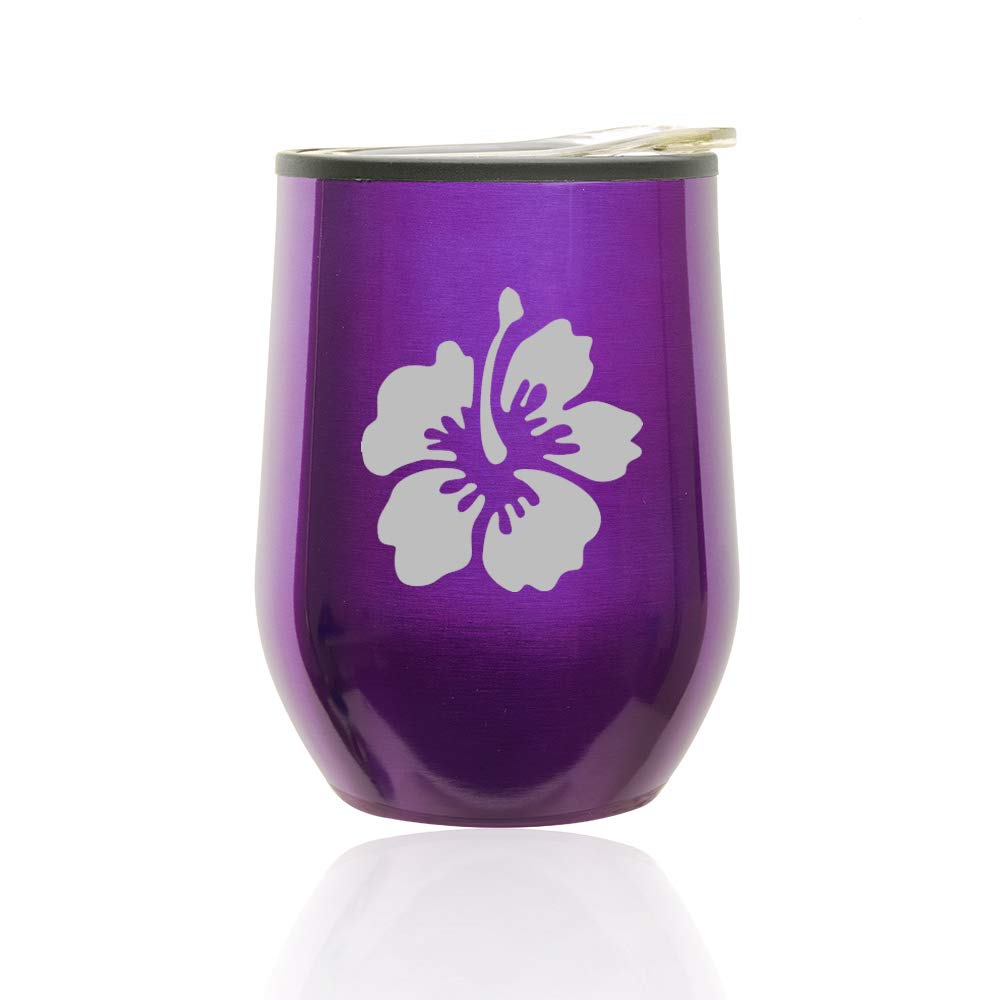 Stemless Wine Tumbler with Lid - 16oz Insulated Glass Coffee Travel Mug for Hot & Cold Drinks - Hibiscus Flower Design (Royal Purple) - Perfect for Home, Office, Picnics & Outdoor Adventures