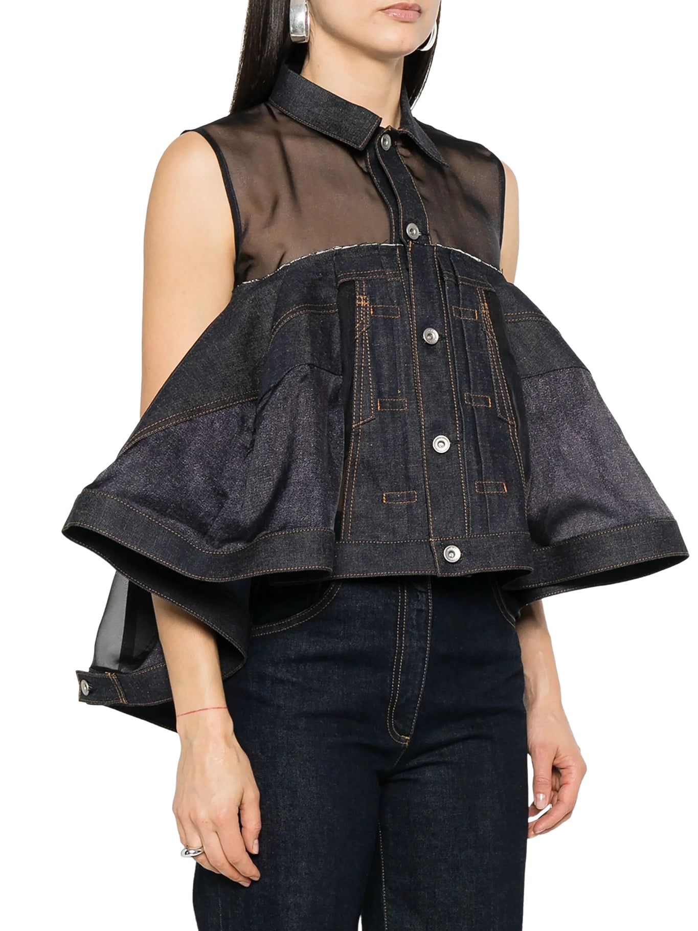 Stylish Denim Shirt with Sheer Fabric Inserts for Women - Trendy Casual & Layering Outfits for Everyday Wear