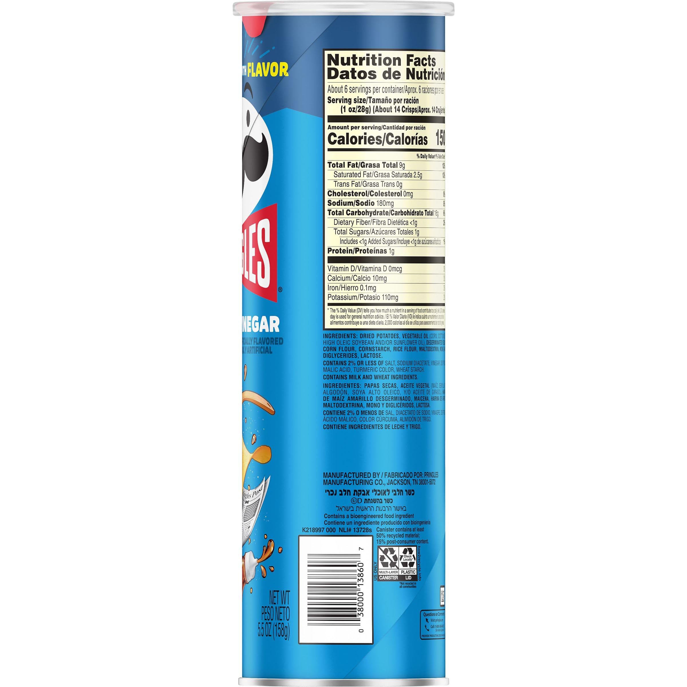 Pringles Salt and Vinegar Potato Crisps Chips - 5.5oz Can (Pack of 1) - Crunchy Lunch Snacks, On-The-Go Treats for Work, School & Travel