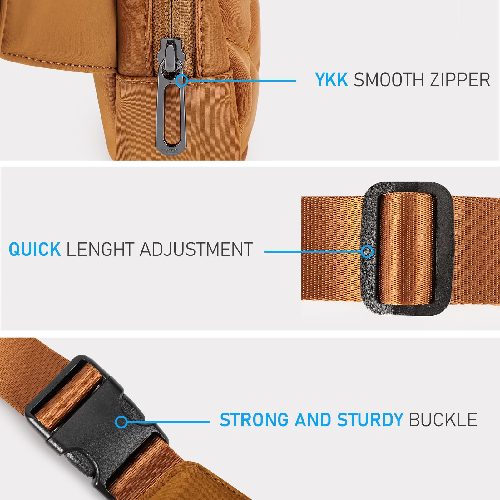 ZORFIN Quilted Brown Belt Bag for Women & Men - Adjustable Crossbody Fanny Pack for Hiking, Running, Travel - Stylish Unisex Waist Pack for Outdoor Activities, Concerts & Daily Use