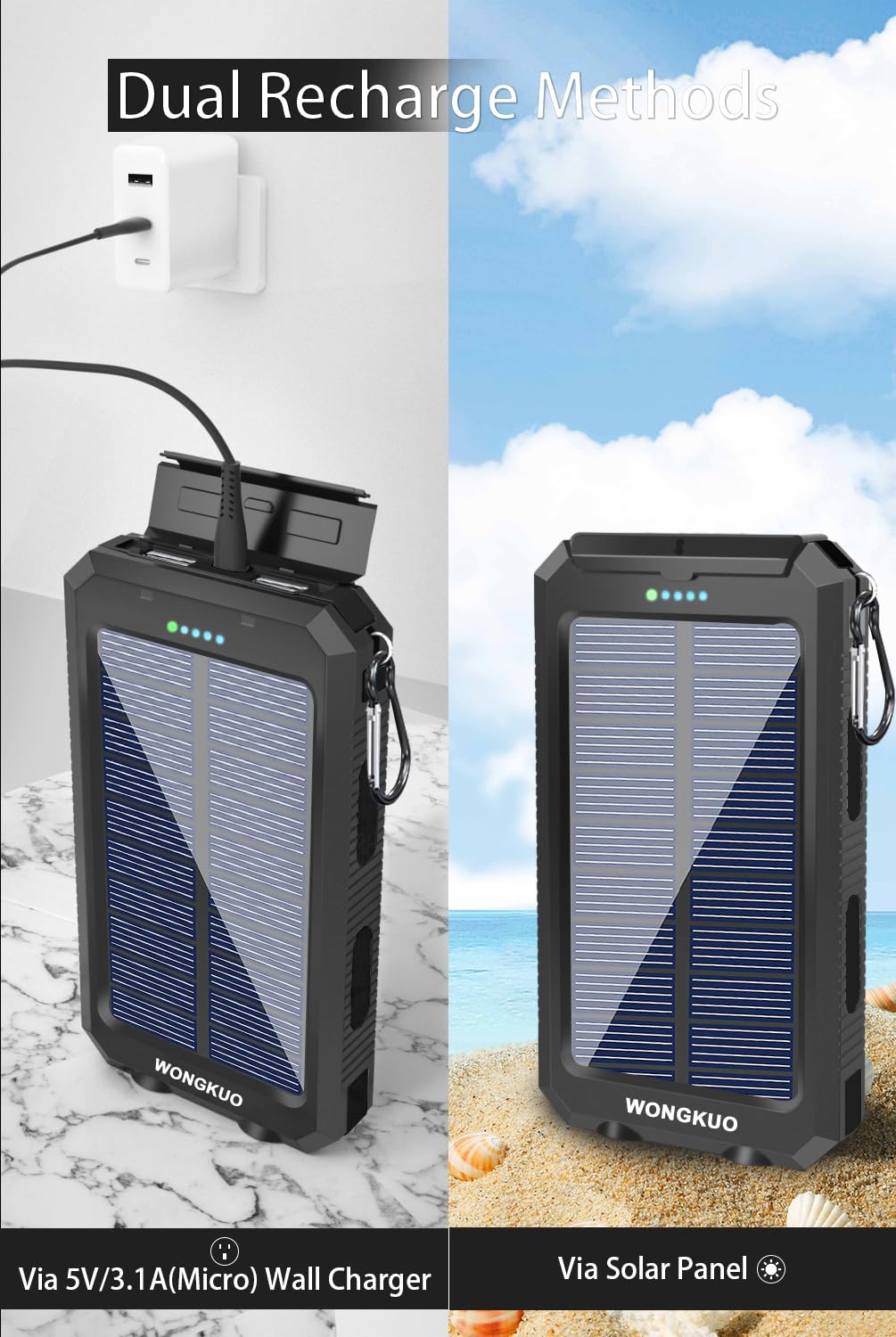 WONGKUO 36800mAh Solar Power Bank with QC3.0 Fast Charging, IP65 Waterproof Portable Charger with LED Flashlight - Perfect for Camping, Hiking, and Emergency Power Outages
