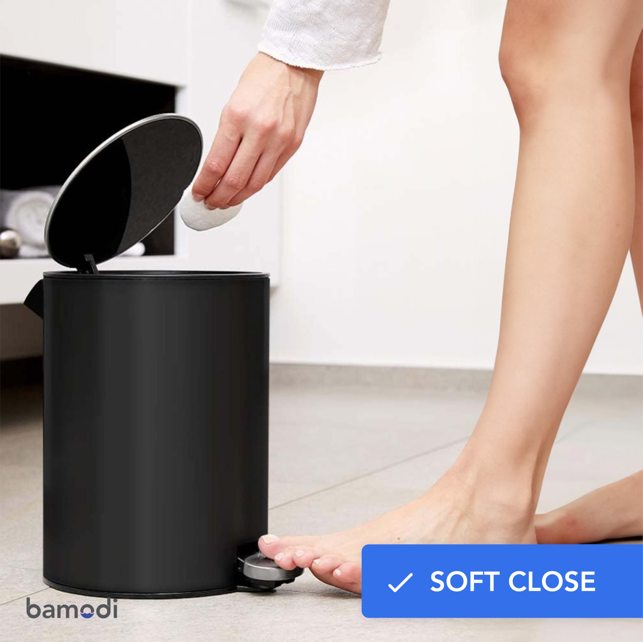 Bamodi 100oz Steel Cosmetics Trash Can with Soft Close Lid - Small Covered Bathroom Garbage Bin for Bedroom, Restroom & Bath - Brushed Nickel Metal Wastebasket - Perfect for Makeup, Cotton Pads & Beauty Waste Disposal