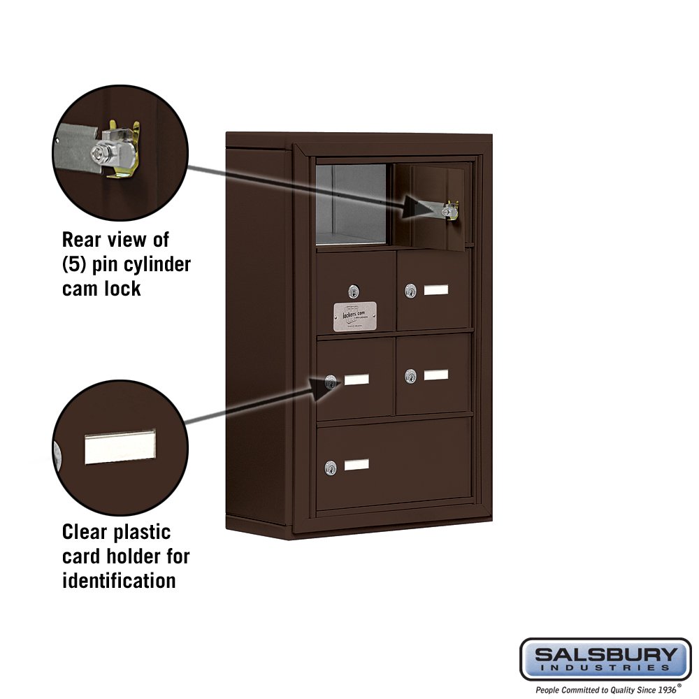 Salsbury Industries 19145-07ZSK 4-Unit Surface Mounted Keyed Lock Cell Phone Access Panel with 5-Inch Bronze Compartments - Secure Storage for Offices, Schools, and Public Spaces