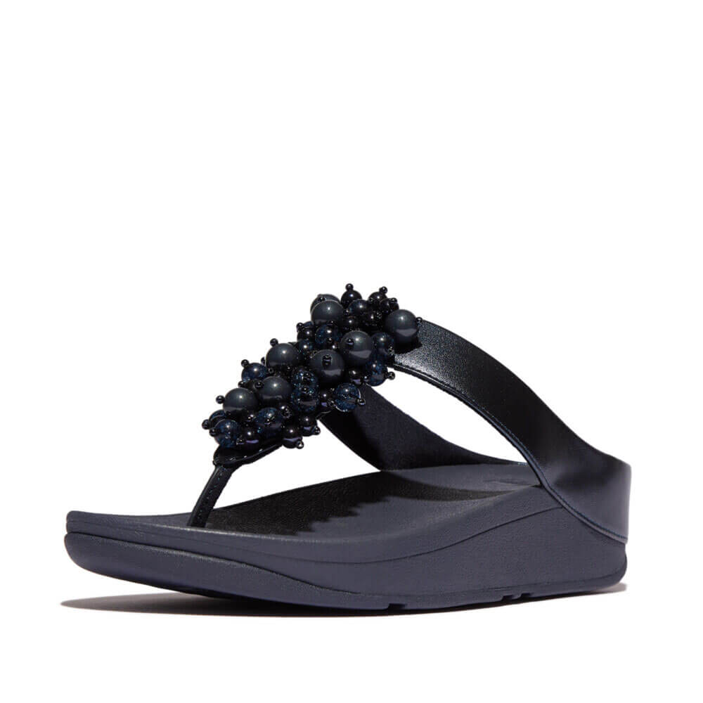 FitFlop Fino Bauble Bead Leather Sandals for Women - Comfortable Slide Sandals with Cushioned Footbed, Midnight Navy - Perfect for Beach, Vacation & Summer Outfits
