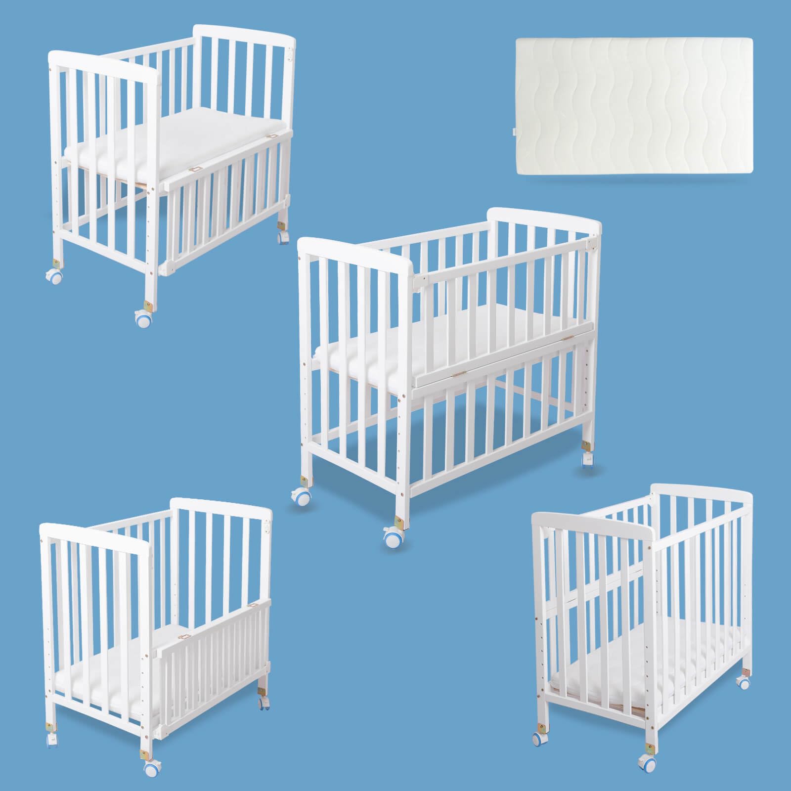 Portable Mini Baby Crib - 4-in-1 Convertible Crib with Mattress, 6 Adjustable Heights, Slide-Down Side, 34x20x35 Inches, White - Perfect for Nursery, Bedroom Co-Sleeping & Small Spaces